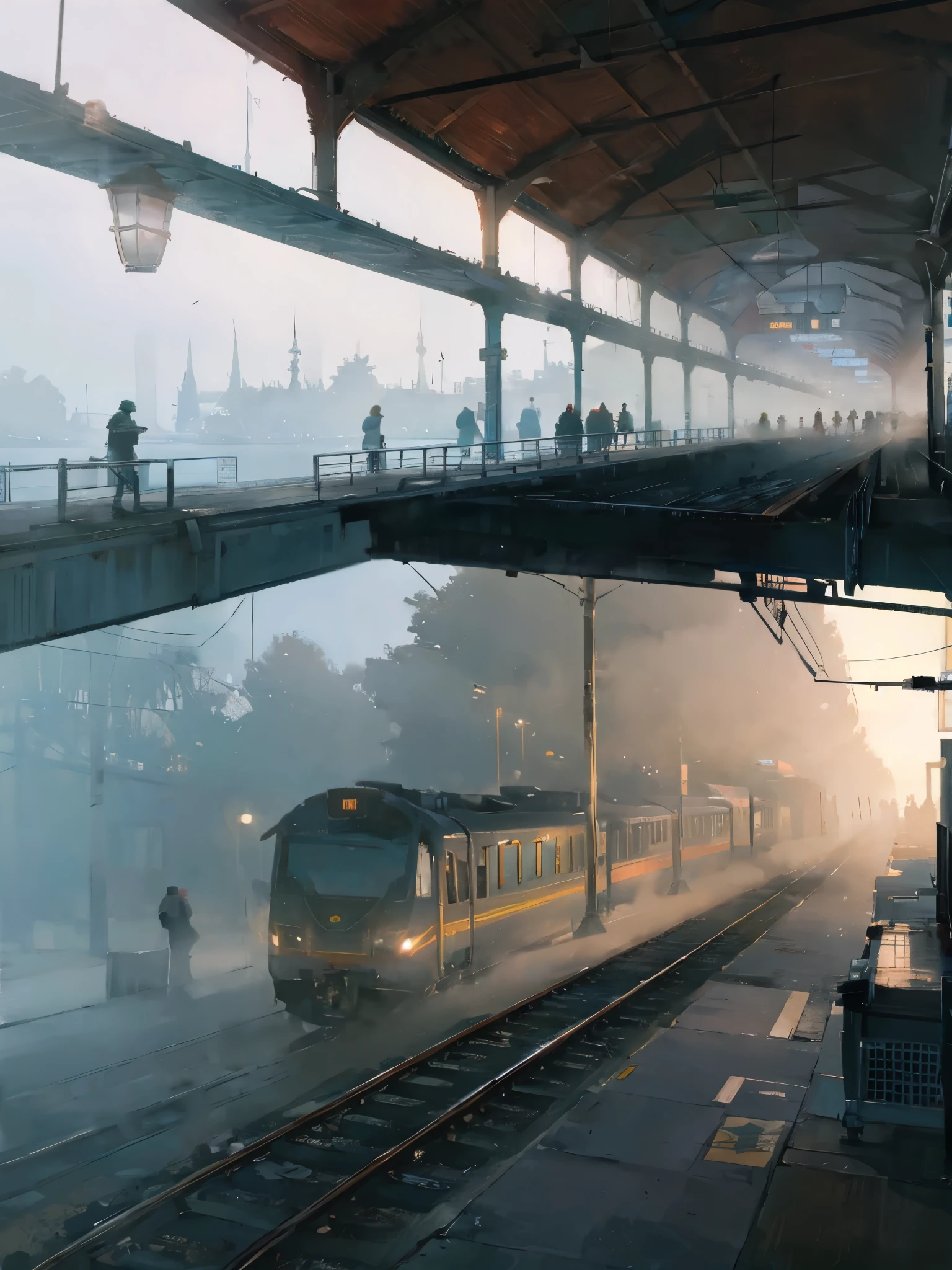 Train station with dense fog on the platform