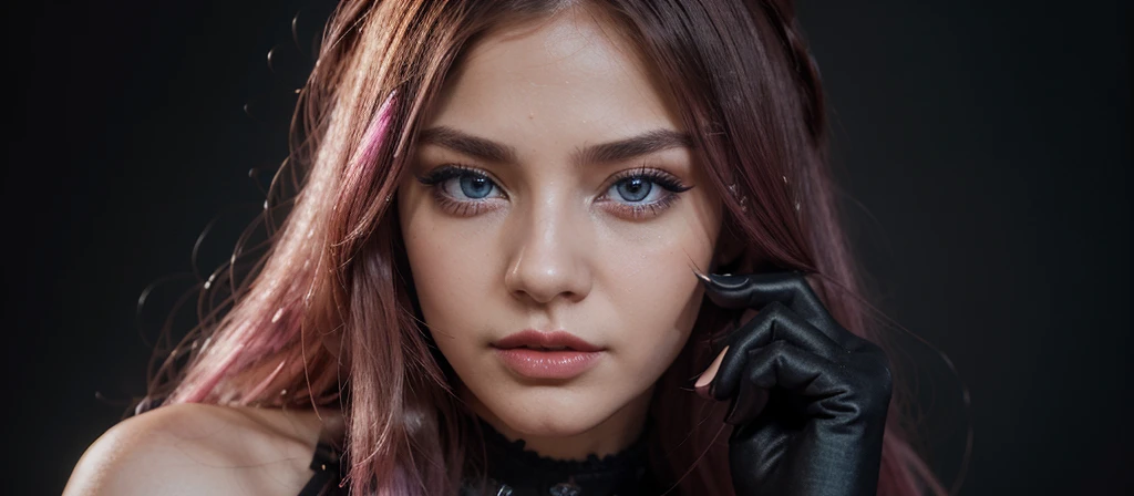8k, realistic, ultra quality, beatiful girl, Stern anime girl, no background, (Highest Quality, Amazing Details:1.25), cinematic lighting, unique, whole body in picture, black gloves, high-quality, very long hair, hair intakes, makeup, lipstick, eyelashes, ultra detailed eyes, ultra detailed face, ultra detailed lips, ultra detailed lipstick, ultra detailed makeup, 18 years girl, blue eyes, pink hair, masterpiece, 8k, holding a blank paper