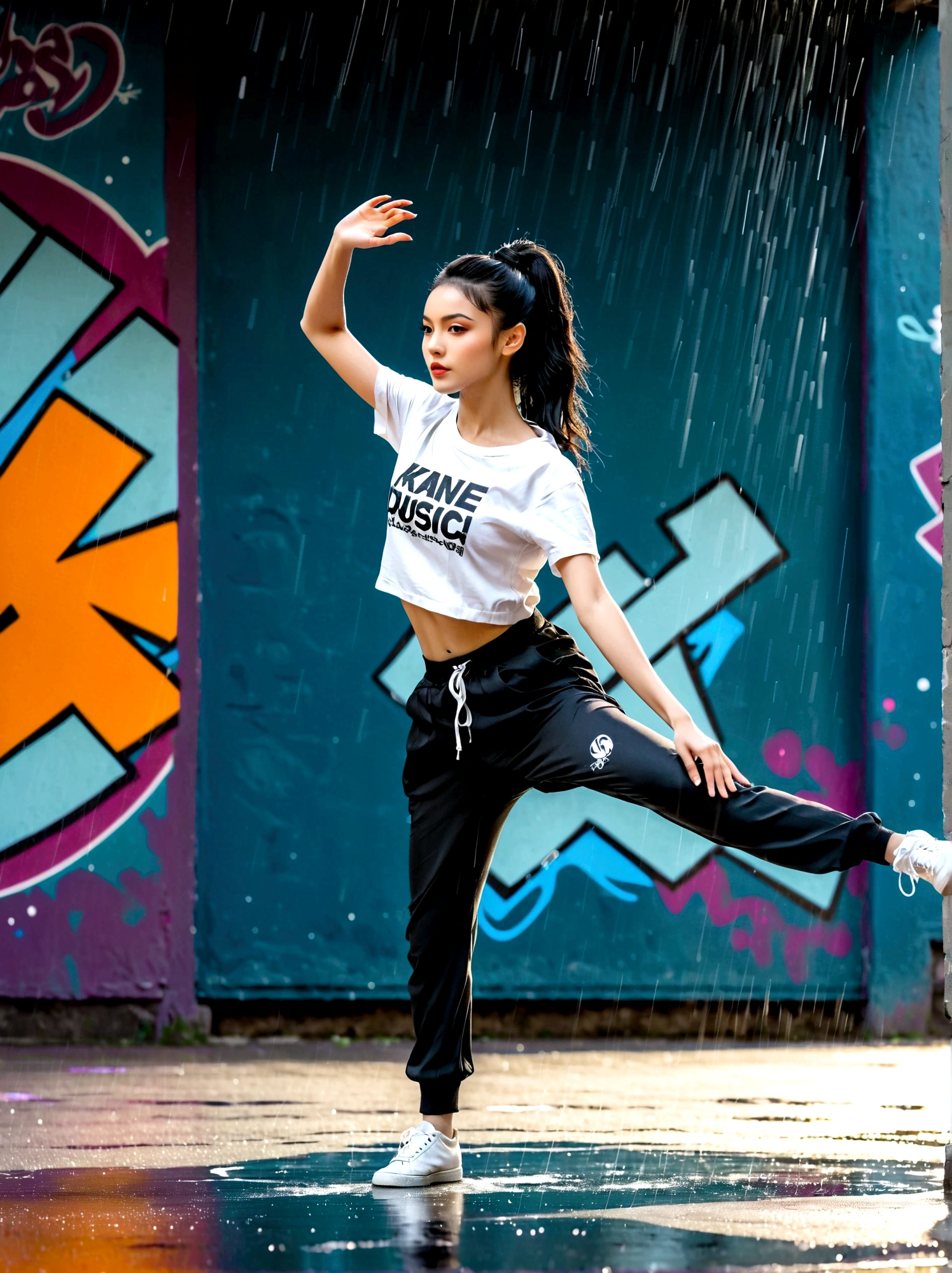 A girl full of energy,Showing off her breakdancing skills on a graffiti-covered urban dance floor,She was barefoot,Loose and comfortable clothes,Perfect for dancing,Her black hair was tied into a high ponytail.,One hand rotation,Spin your feet in the air,In the heavy rain,The scene is filled with cold rain,The audience was impressed,She performed a complex move with ease.,The energy she captures is palpable,The air is filled with the rhythm of street music