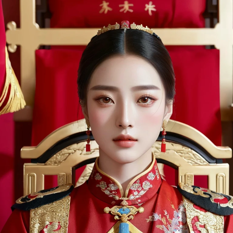 Araffe sat in a chair wearing a red uniform and a gold crown., palace , a girl in Hanfu, Beautiful Fantasy Empress, Empress of China, Portrait of the young empress, ((Beautiful Fantasy Empress)), Chinese princess, Inspired by Guo Xi, Inspired by Wang Meng, Chai Sukun, Hanfu, Inspiration from Qiu Ying
