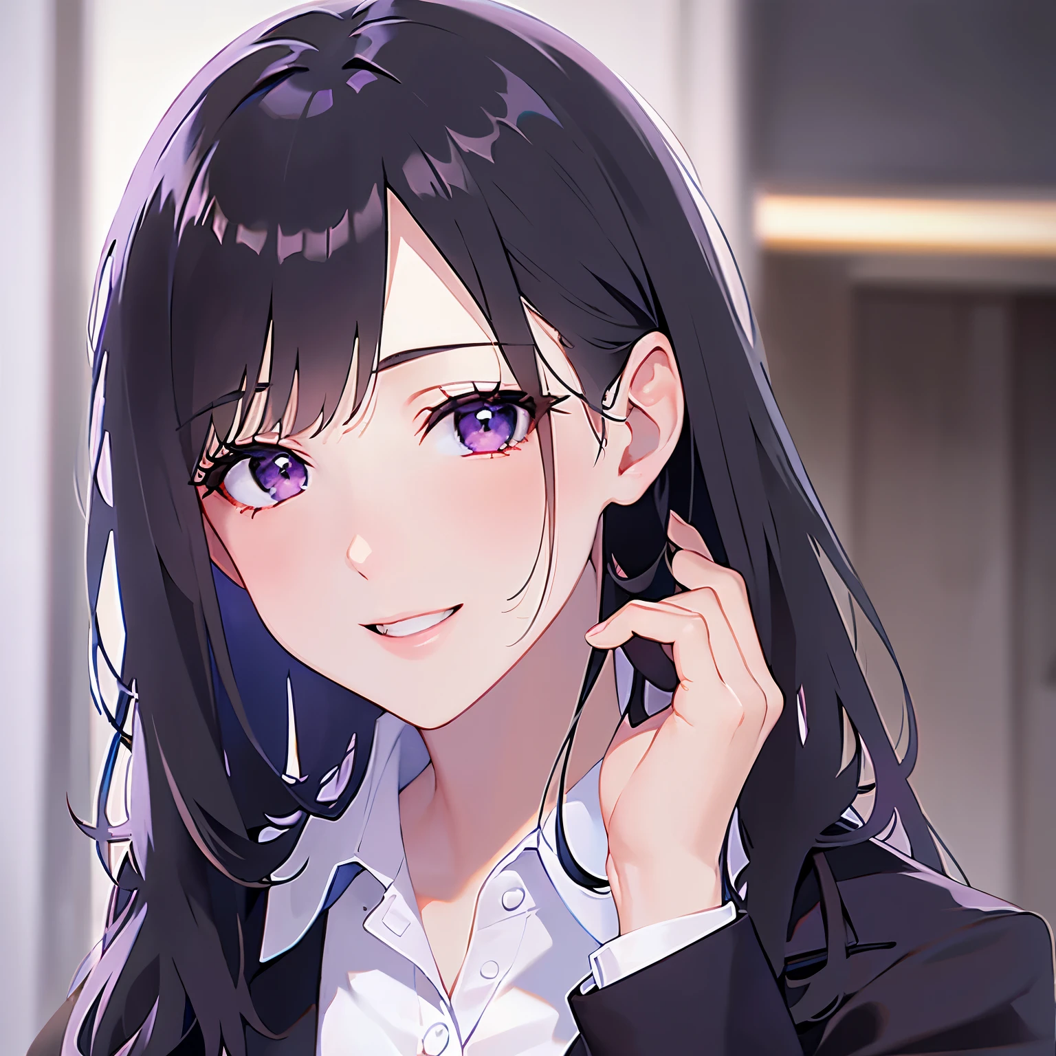 hand on own chin、Biologically correct five fingers、Realistic, real person, (pale skin: 1.2), RAW photo, photorealistic, shiny skin, shiny hair、(A 25-year-old woman with straight hair and bangs) and (medium hair) and (black hair) and (purple eyes) , (business suit:1.5) and (white collared shirt)、(smile:1.5), open mouth, The background is a company corridor、Alone、