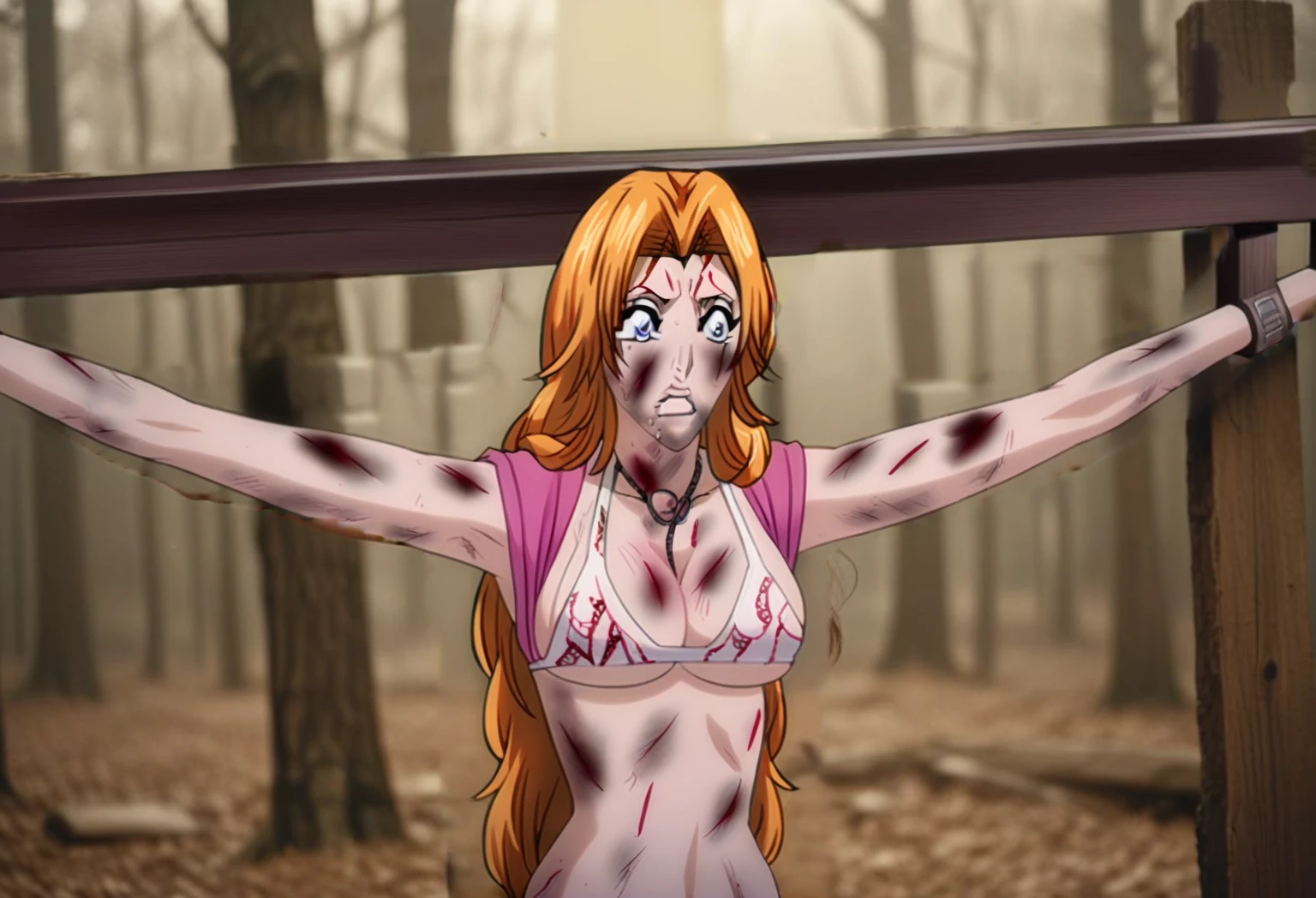 highest quality,masterpiece,uhd, Super detailed, 8K,(Beautiful woman),(A Beautiful Woman),((crucifixion:1.5)),(((cross))),(execution),((incontinence)),scared,torture,slave,((Woman in crucifixion at the cross:1.5)),crucifixion刑,((Rangiku Matsumoto:1.5)), white bikini,((Torn clothes:1.5)),((Tearing of clothes:1.5)),(tattered clothes:1.5),Beaten face,顔にtraces of being beaten,((bruises on body)),scars on body,injured face and body,(Bruise, dirty, torn clothes, revealing clothes, Blood:1.3),traces of being beaten,Defeated heroine,a devastated world,ruins,abandoned building,(burning at the stake),((roasted over fire:1.2)),inflammation,(Inflammation),Inflammation at my feet, very accurate