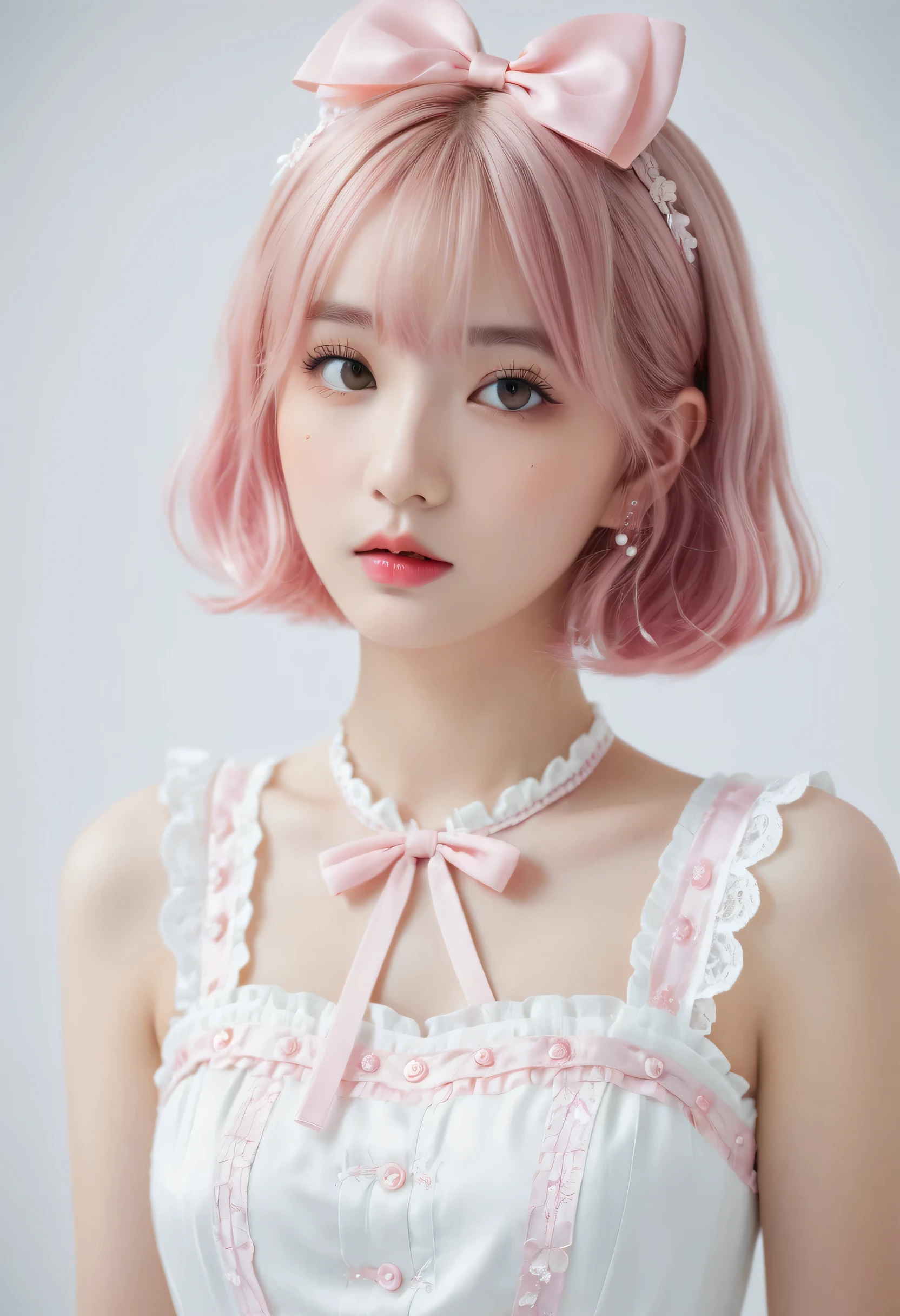 Super delicate cute girl wearing a Lolita dress with pink hair. 8K ultra-high image quality, delicate texture, pure white background.