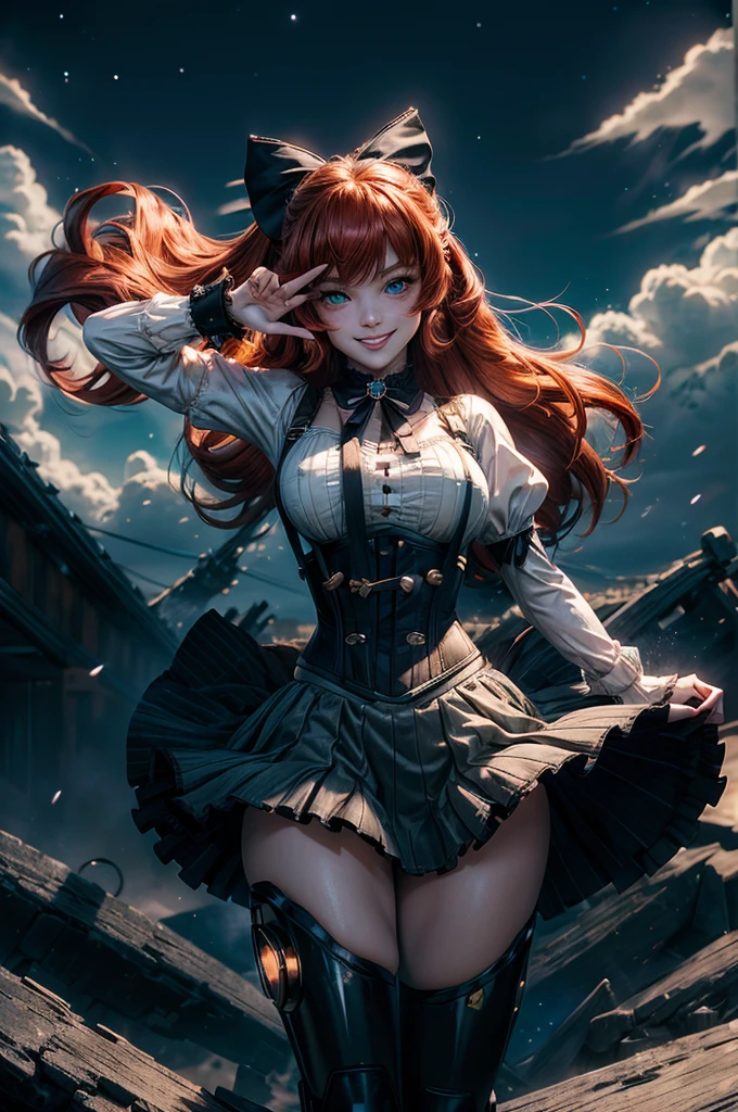 night, moon, stars, cowboy shot, (dynamic pose), smile,  underbust, Penny Polendina, long red hair, neck ribbon, suspender skirt, corset, black bow, white blouse, mechanical legs, neon trim, flying in the air, blue sky, clouds (volumetric lighting), intricate details, tonemapping, sharp focus, hyper detailed

