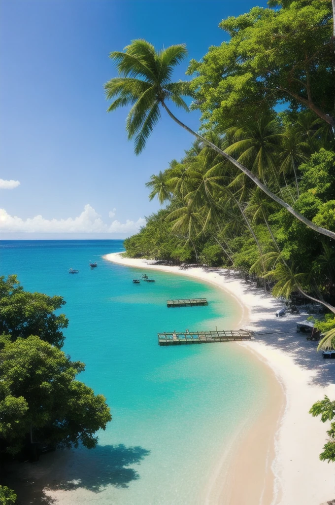 1girl, cute, ((front face)),(materpiece:1.4),(best quality:1.4),chch-style、Under a clear blue sky、フィリピン・Cebu beach白い砂が広がり、The crystal clear turquoise blue sea gently ebbs and flows.。Palm trees swaying in the breeze、Provides comfortable shade、Relaxing time flows with the sound of the waves。In the distance、Colorful boats float、Divers can be seen exploring the coral reefs and abundant marine life.。At the cafes and restaurants along the beach、Fresh seafood and tropical drinks available。Cebu beach、It's truly a paradise。