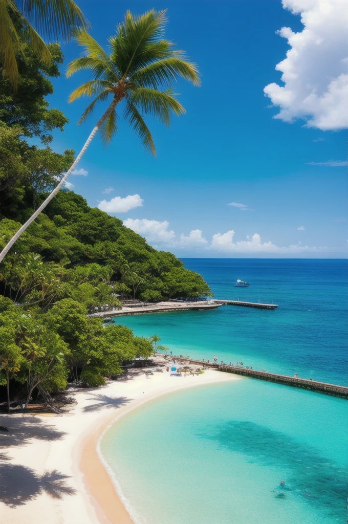 1girl, cute, ((front face)),(materpiece:1.4),(best quality:1.4),chch-style、Under a clear blue sky、フィリピン・Cebu beach白い砂が広がり、The crystal clear turquoise blue sea gently ebbs and flows.。Palm trees swaying in the breeze、Provides comfortable shade、Relaxing time flows with the sound of the waves。In the distance、Colorful boats float、Divers can be seen exploring the coral reefs and abundant marine life.。At the cafes and restaurants along the beach、Fresh seafood and tropical drinks available。Cebu beach、It's truly a paradise。