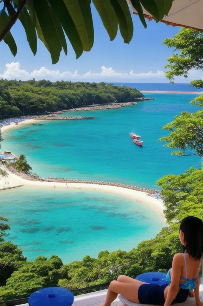 1girl, cute, ((front face)),(materpiece:1.4),(best quality:1.4),chch-style、Under a clear blue sky、フィリピン・Cebu beach白い砂が広がり、The crystal clear turquoise blue sea gently ebbs and flows.。Palm trees swaying in the breeze、Provides comfortable shade、Relaxing time flows with the sound of the waves。In the distance、Colorful boats float、Divers can be seen exploring the coral reefs and abundant marine life.。At the cafes and restaurants along the beach、Fresh seafood and tropical drinks available。Cebu beach、It's truly a paradise。