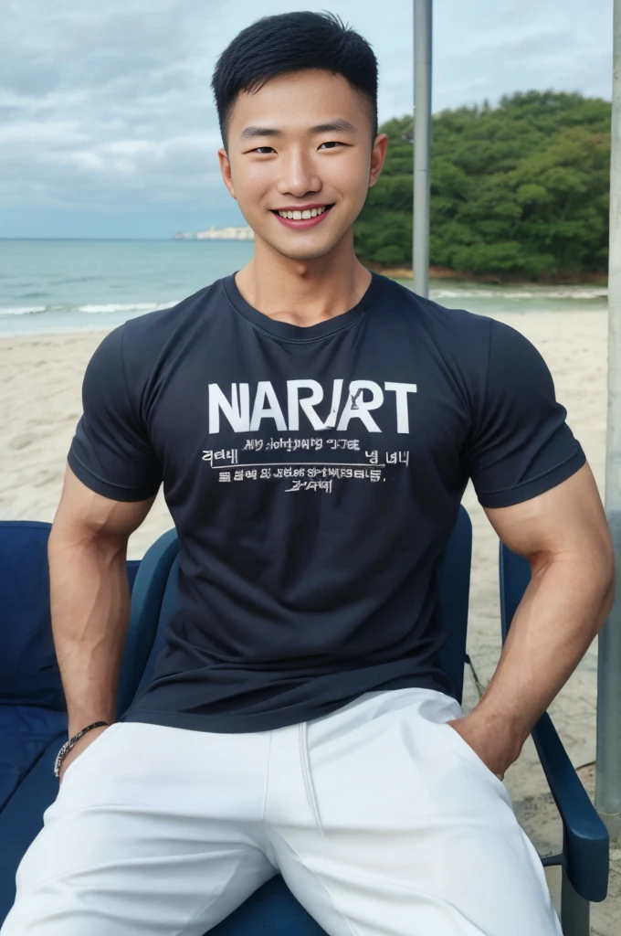 (Create a masterpiece: 1.2),(CGI art:1.3),(realistic:1.5),(After processing:1.3), (Sharp focus:1.3), 1 man sitting on a chair, open mouth, smile, (T-shirt without logo:1.5), Navy cargo pants, Korean guy , korean men, (High gloss details), chest muscles, large arm muscles, blood vessel, Big muscles, Broad shoulders, looking at the audience, Balancing the eyes, seaside beach sunshine looking at the sea