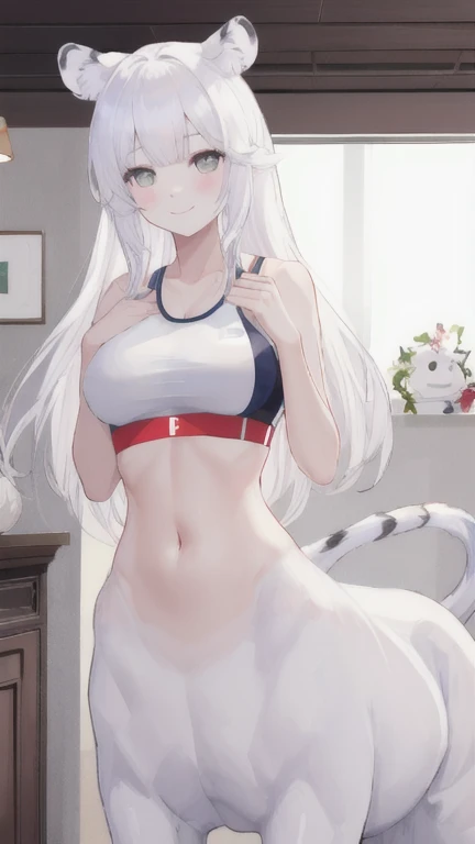 (best quality, masterpiece), 1 girl, centaur, It takes, White skin, Korean , Smiling, exposing the abdomen,Sportsbra, 아름다운 소녀 perfect white tiger photo, perfect white tiger photo