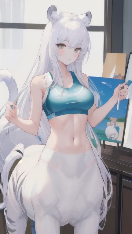 (best quality, masterpiece), 1 girl, centaur, It takes, White skin, Korean , Smiling, exposing the abdomen,Sportsbra, 아름다운 소녀 perfect white tiger photo, perfect white tiger photo