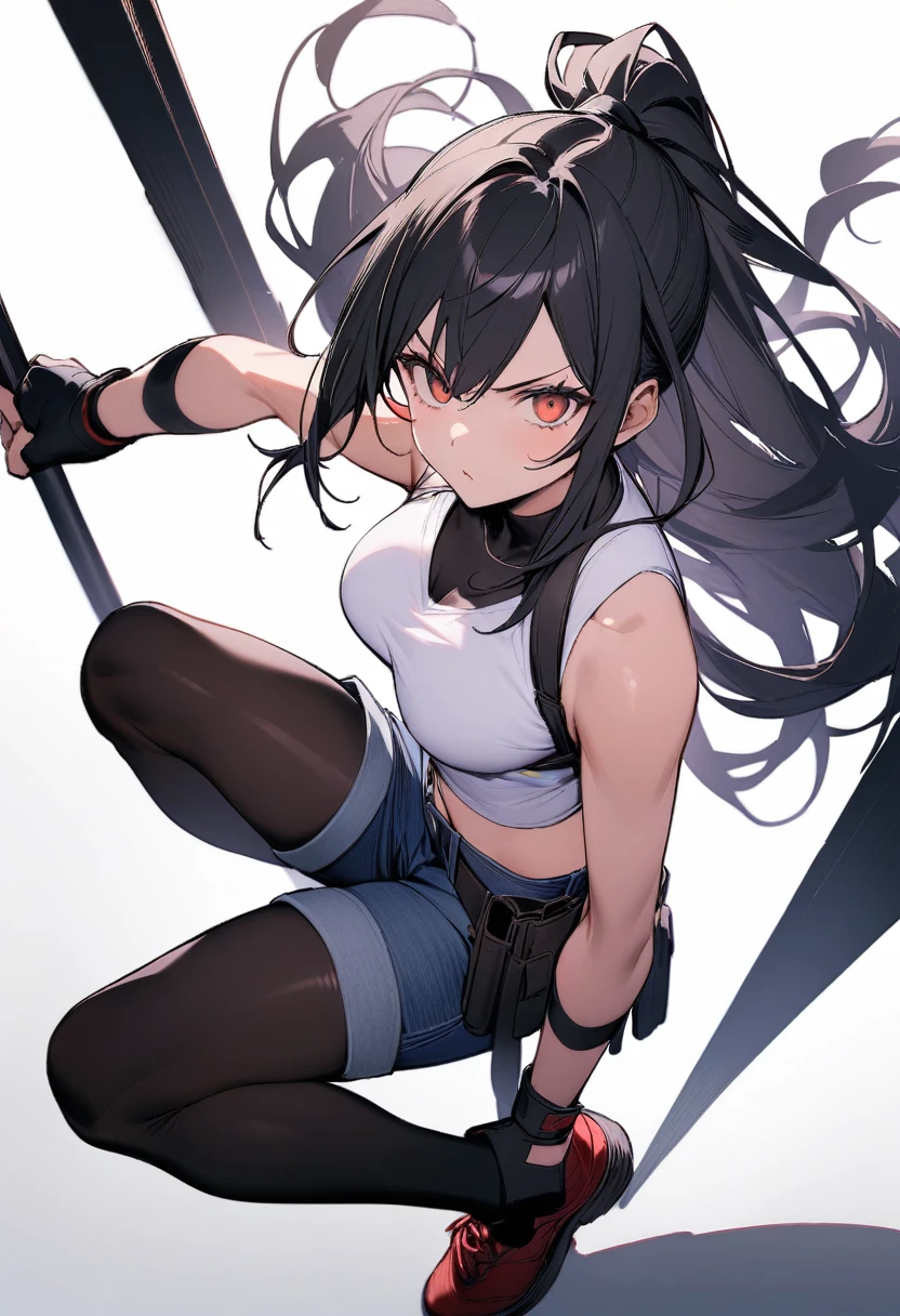 ((Highest quality)), ((masterpiece)), (detailed),full body ,slender. ((Rin々Policewoman)) small breasts Long-haired ponytail Denim shorts White tank top Red Shoes Mature Woman Black Fingerless Gloves V-shaped eyebrows Combat Stance holster