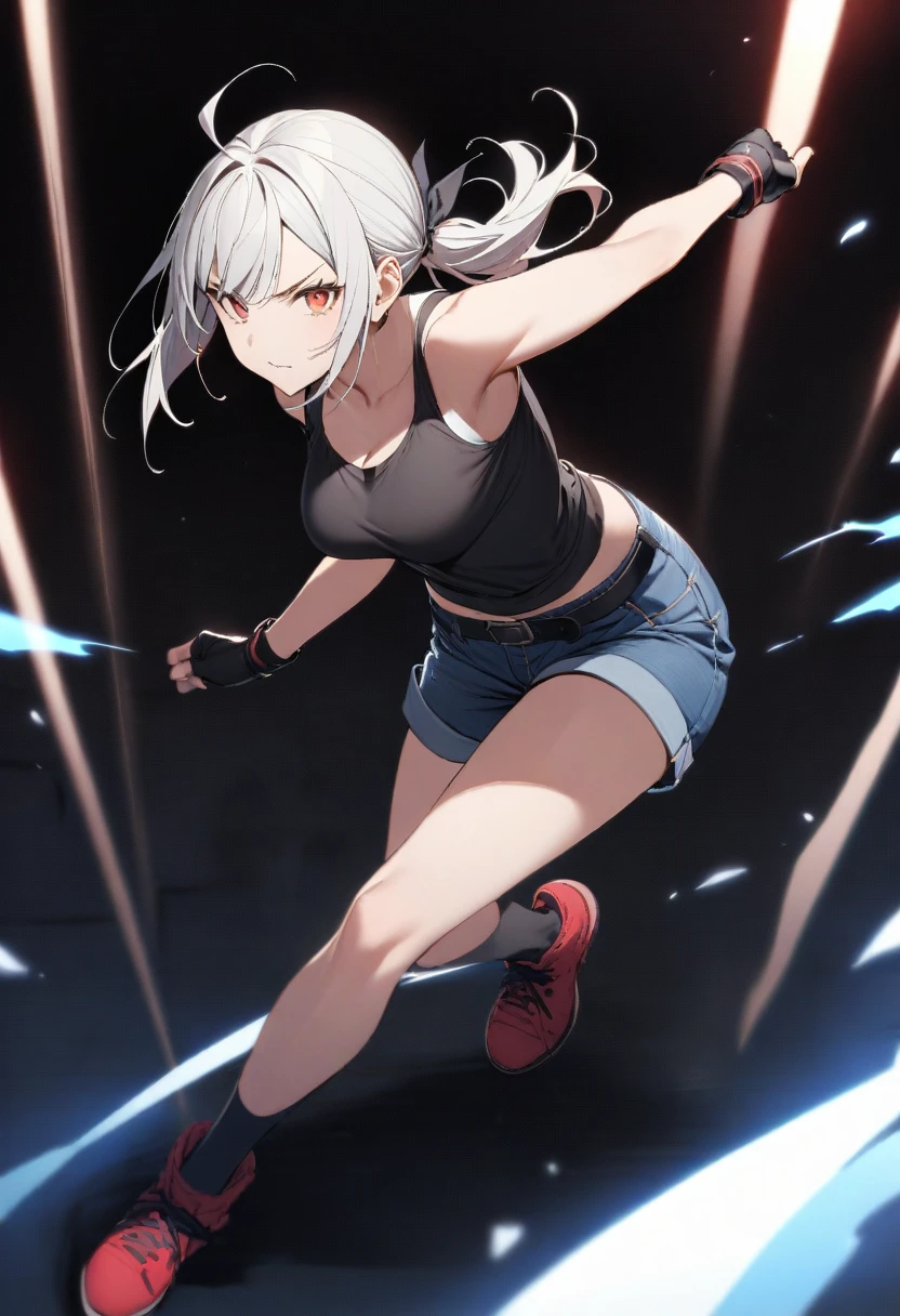 ((Highest quality)), ((masterpiece)), (detailed),full body ,slender. ((Rin々Policewoman))　small breasts　Long-haired ponytail　Denim shorts　White tank top　Red Shoes　Mature Woman Black Fingerless Gloves　V-shaped eyebrows　Combat Stance　holster