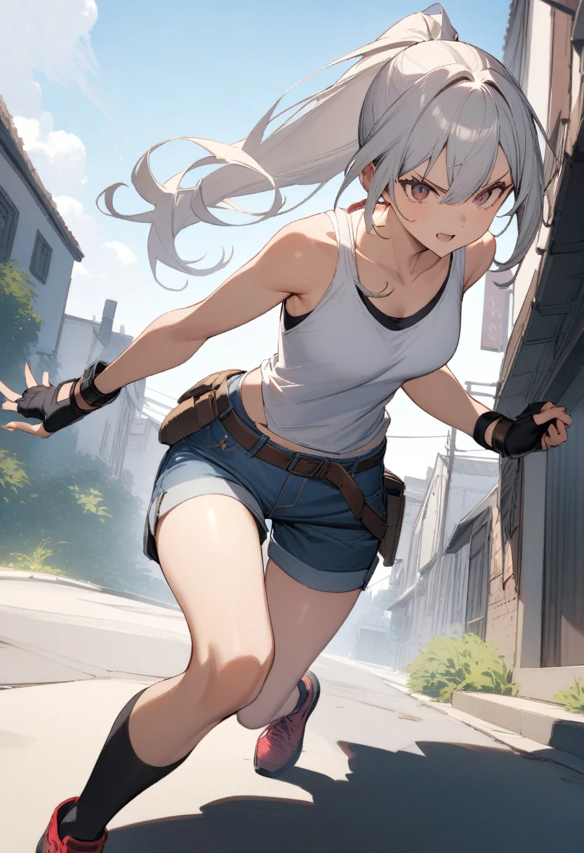 ((Highest quality)), ((masterpiece)), (detailed),full body ,slender. ((Rin々Policewoman))　small breasts　Long-haired ponytail　Denim shorts　White tank top　Red Shoes　Mature Woman Black Fingerless Gloves　V-shaped eyebrows　Combat Stance　holster