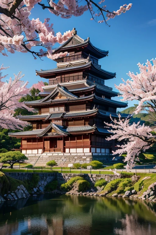 ancient japanese castle, cherry tree , ภูเขาไฟฟูจิ ,uhd ,4K,8K, Realistic picture, Highly detailed