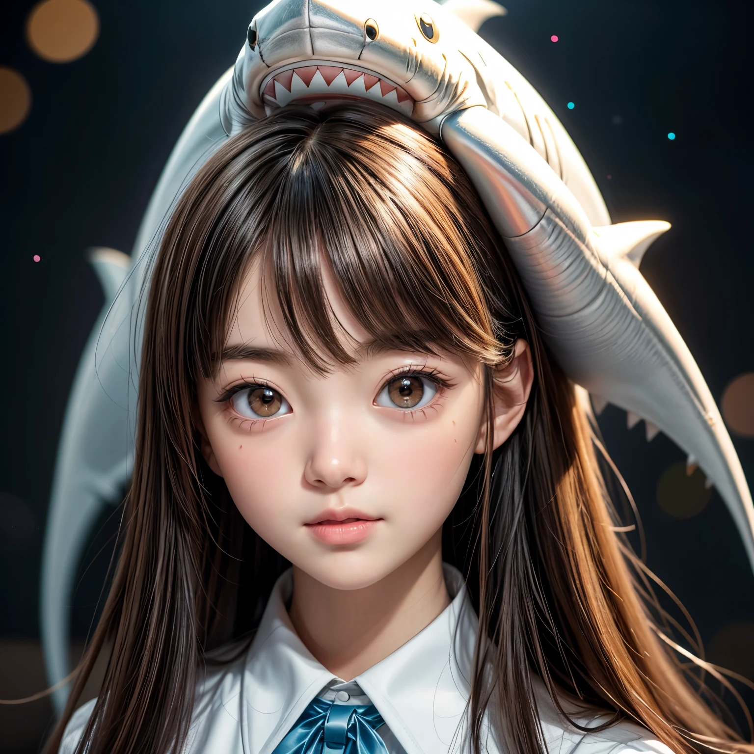 ((( stuffed full body Shark on Head))), 8k, High-level, absurd, masterpiece, best quality, primitive, very detailed CG, very detailed wallpaper, perfect lighting, Extremely detailed ((( personifying " Shark " as a ))), MysticSight, Tyndall effect, Tyndall scattering, (Studio gray background with (Overflowing oodles Dazzling RainbowColorParticles (BokeH))), (RoundlyButts, ThighGap), (Exposed:0.4), (Assfocus with looking ahead) BREAK (Acutance:0.88), (NOGIZAKA face variations) Extremely Detailed very KAWAII face variations, perfect anatomy, Childish, CaptivatingGaze ElaboratePupils detailed Eyes with (sparkling highlights:1.28), (Voluminous LongEyelashes:0.88)、GlossyRED Lips with beautiful details, RosyCheeks, Radiant PearlSkin with Transparency . { (Dynamic LifeLike expressions:1.4) | (:d) }, (large eyes:-1) . ((no animal ears))