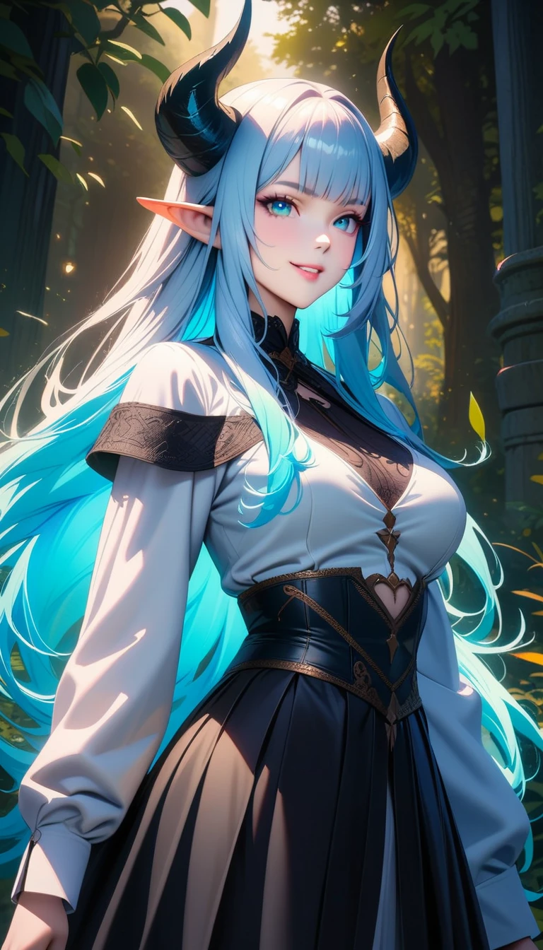 masterpiece, Highest quality, Very detailed, High resolution, An expensive solution, High resolution, masterpiece, Realistic, depth, Fine texture, Super quality, Total concentration, (very pretty anime Elf Girl), (Beautiful Gothic Elf Woman, Young Elves, Elf Girl, pretty girl, Young girl),Horns on the head, Grin, smile, (A chic white top with beautiful details, ribbon, medium pleated skirt, Fluffy long sleeves, White Cape), Emerald Eyes, Long eyelashes, eyeliner, Huge thighs, Wide Hips, Tight waist, ( Light blue hair, (Light Hair, Long Hair), bangs, Gradient Hair), Shiny Hair,  Forest as a background, Fantasy art, 8k high quality detailed art, Realism meets colorful fantasy, Gothic art style, Fantasy art style, a beautiful fantasy Young Elves, CGI anime Fantasy artwork, Charm,  Seductive posture, Vibrant colors, 自信に満ちたsmile, gentle smile, Beautiful attention to detail, Beautiful lip detail, Very detailed目と顔, Long eyelashes, Vibrant colors, Professional, Super detailed, Intricate details, Volumetric lighting, Lens flare, particle,(White and platinum color scheme), mysterious, mysteriousな