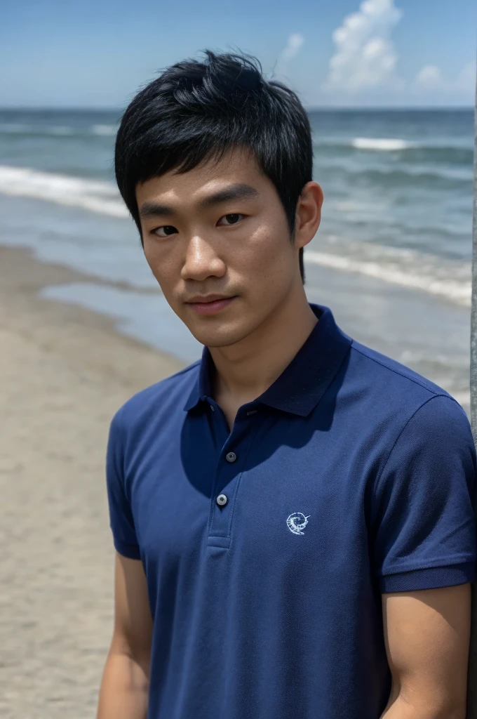 young asian man looking at camera in a blue polo shirt , seaside beach sunshine looking at the sea