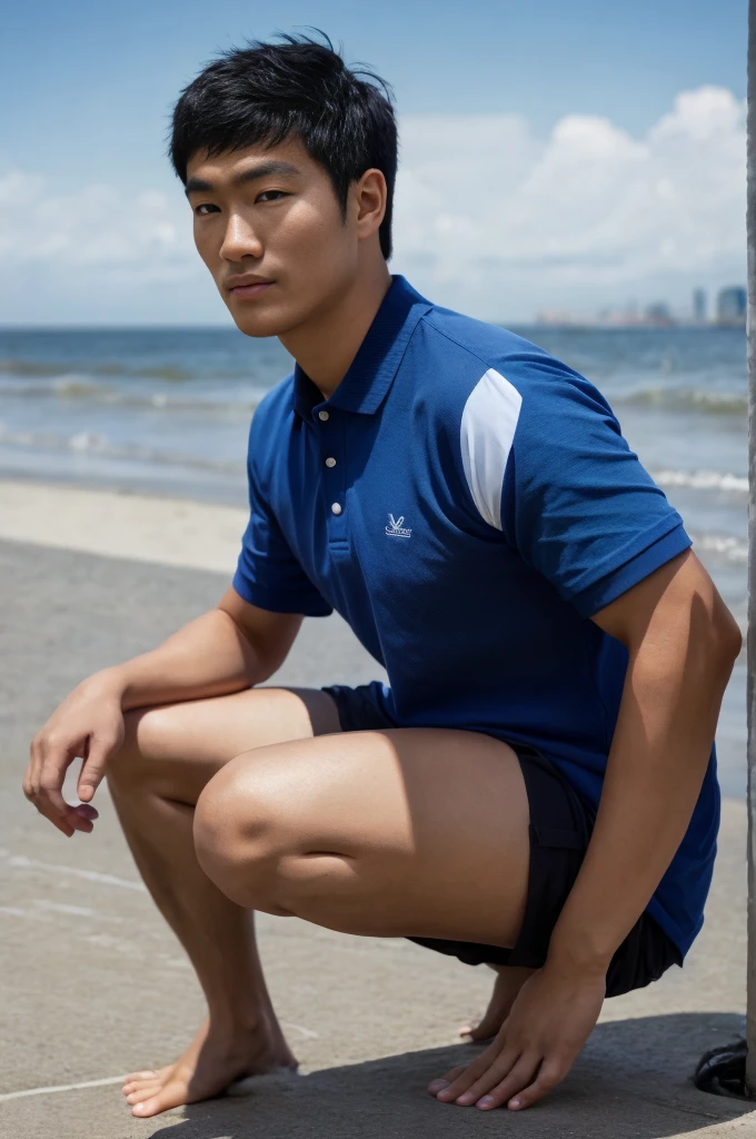 young asian man looking at camera in a blue polo shirt , seaside beach sunshine looking at the sea