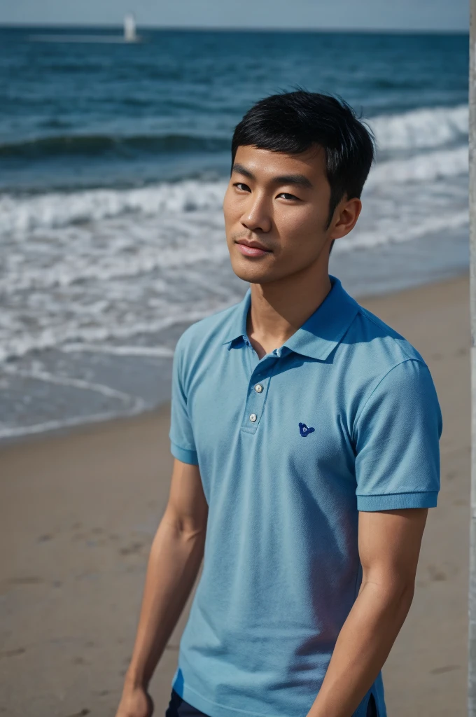 young asian man looking at camera in a blue polo shirt , seaside beach sunshine looking at the sea