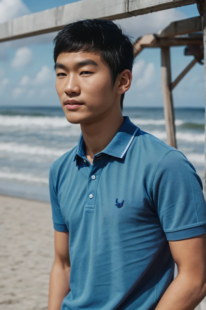 young asian man looking at camera in a blue polo shirt , seaside beach sunshine looking at the sea