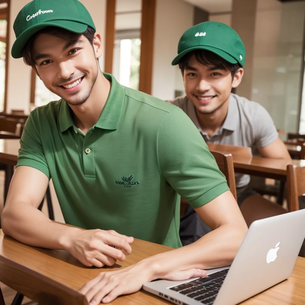 a man sit on cafe tabble, working on apple laptop, smile to camera, green polo shirt, wear hat