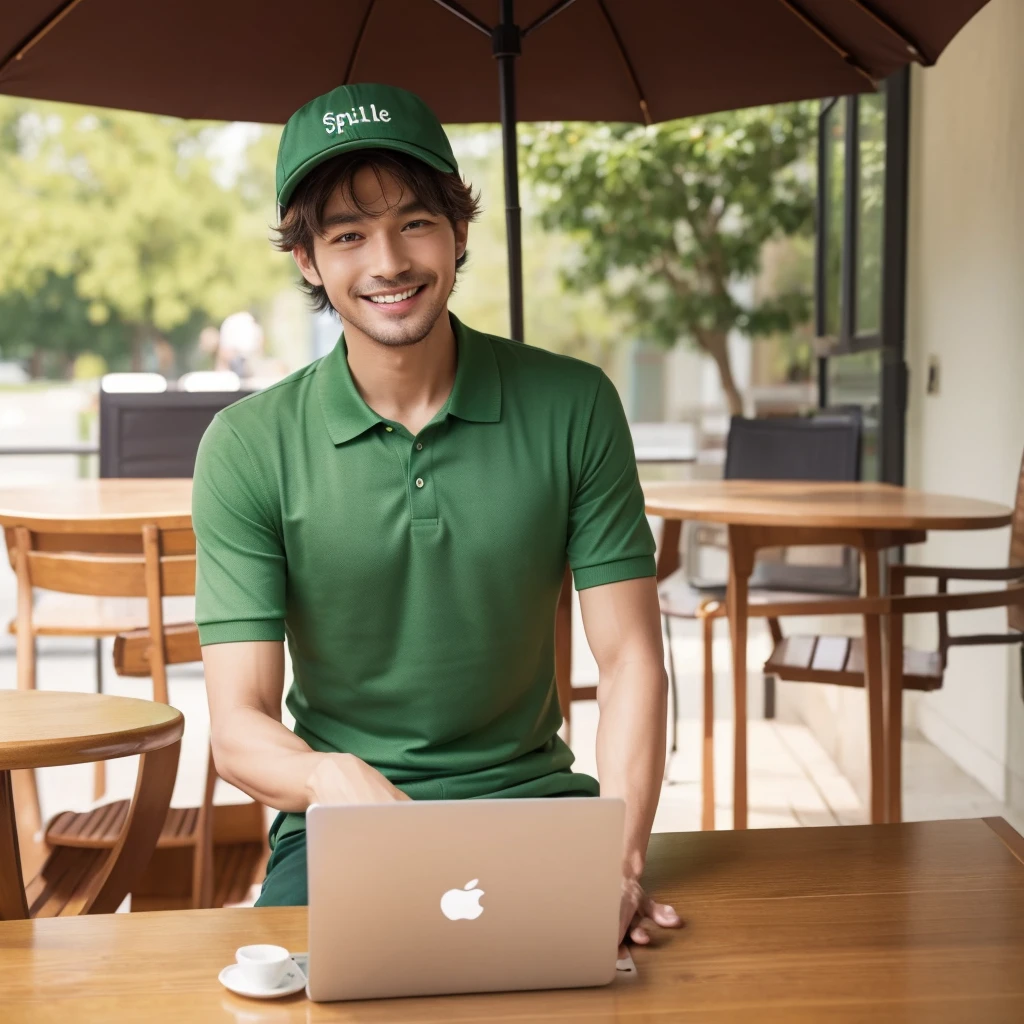 a man sit on cafe tabble, working on apple laptop, smile to camera, green polo shirt, wear hat
