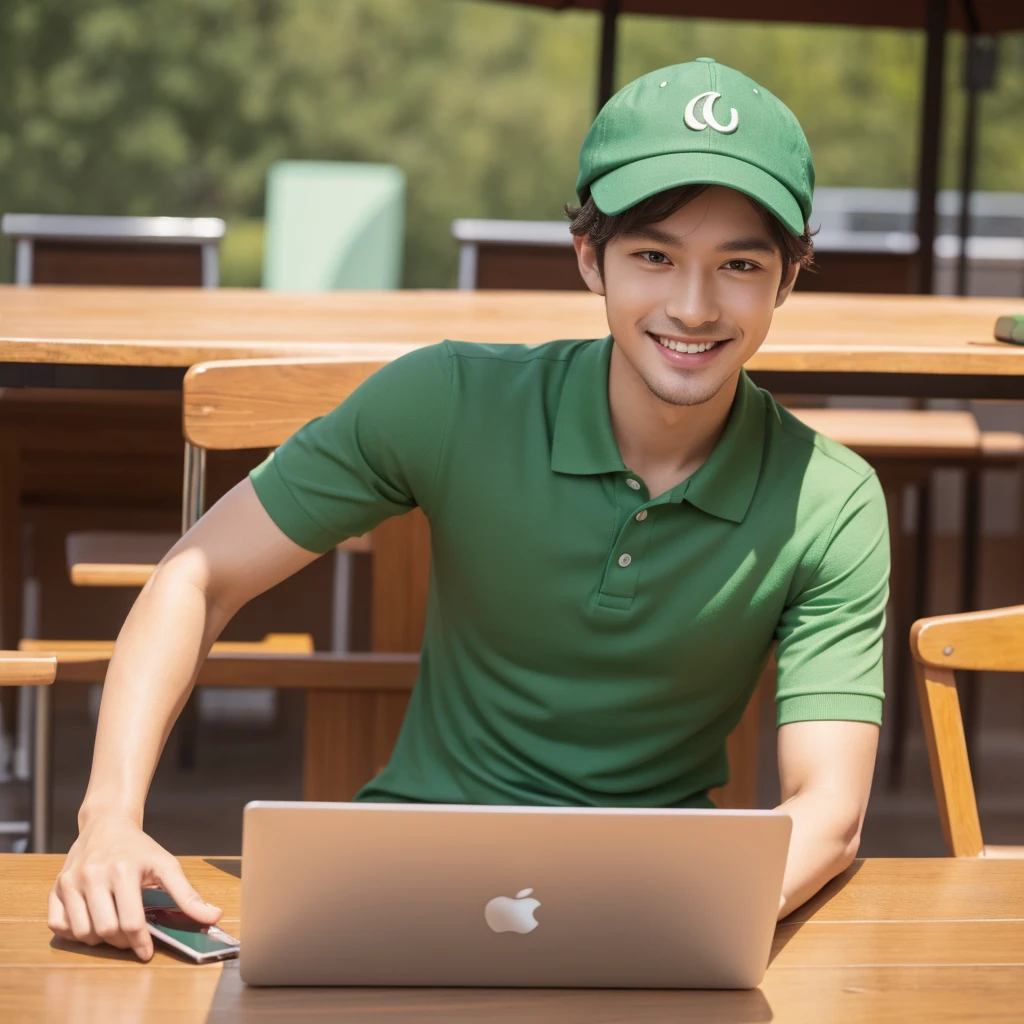 a man sit on cafe tabble, working on apple laptop, smile to camera, green polo shirt, wear hat