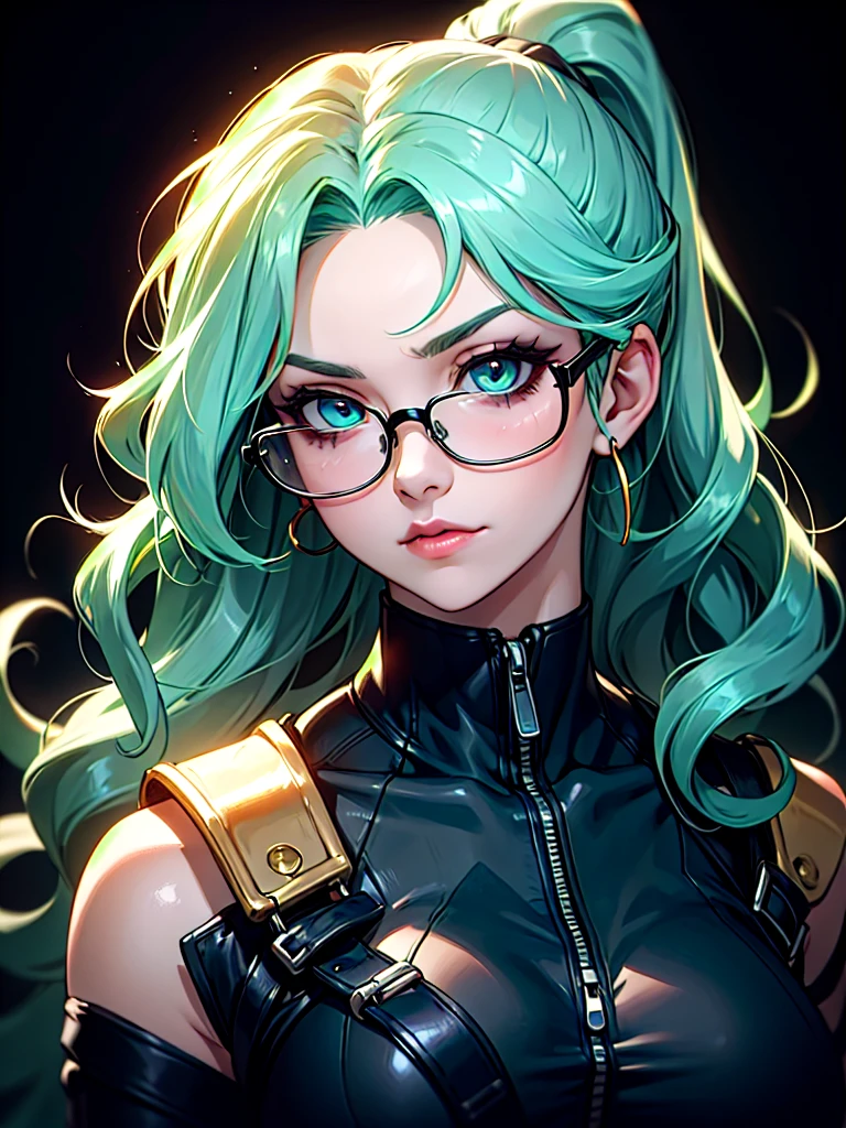 ((Portrait)), She has an Intellectual Appearance, with Crystal Green Hair, Youthful Charm, Thick Breasts, Pale Skin, and a Slim Build. She Expresses a Serious and Intelligent Look, Giving Off a Regal Attitude. She has Bright Turquoise Eyes, and Her Hair is Long and Wavy, Crystal Green, Tied in a Large High Ponytail, with Long Strands Falling Over Her Forehead. She Wears a High-Cut Sleeveless Bodysuit, with a High Neck, Zippers and Buckles, and Tight Tactical Straps, Emphasizing Her Thick Breasts, and Clear Glasses. ((Portrait, HDR, Dark Background))