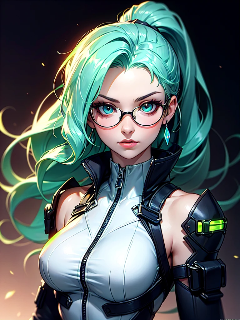 ((Portrait)), She has an Intellectual Appearance, with Crystal Green Hair, Youthful Charm, Thick Breasts, Pale Skin, and a Slim Build. She Expresses a Serious and Intelligent Look, Giving Off a Regal Attitude. She has Bright Turquoise Eyes, and Her Hair is Long and Wavy, Crystal Green, Tied in a Large High Ponytail, with Long Strands Falling Over Her Forehead. She Wears a High-Cut Sleeveless Bodysuit, with a High Neck, Zippers and Buckles, and Tight Tactical Straps, Emphasizing Her Thick Breasts, and Clear Glasses. ((Portrait, HDR, Dark Background))