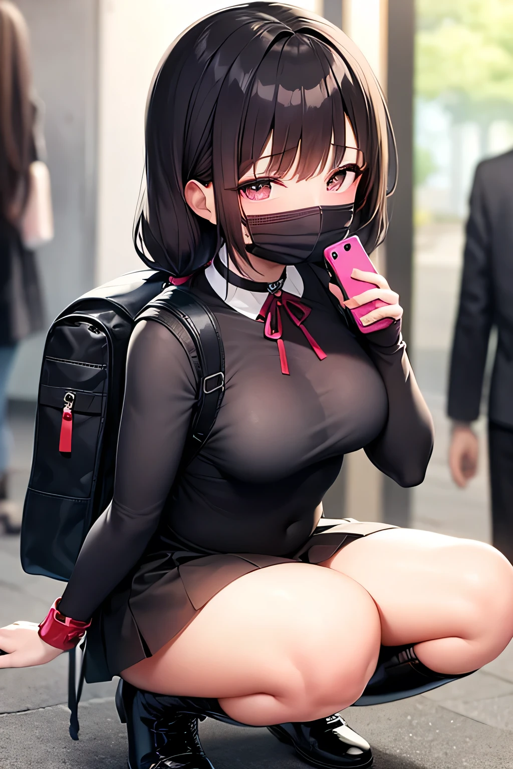 One girl Big Tits tall Pink long sleeve shirt Shiny T-shirt Long Hair Brown Hair Twin tails Black miniskirt Put a black mask over your mouth Night Brown skin Comfortable face Blushed cheeks Night bustling street Black platform boots, black latex knee-high socks, angle showing the whole body, black hair tie, squatting with legs apart, smartphone held in left hand, small backpack, focusing on smartphone, many people, shiny belly Choker on neck