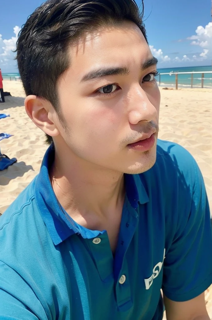 young asian man looking at camera in a blue polo shirt , seaside beach sunshine looking at the sea