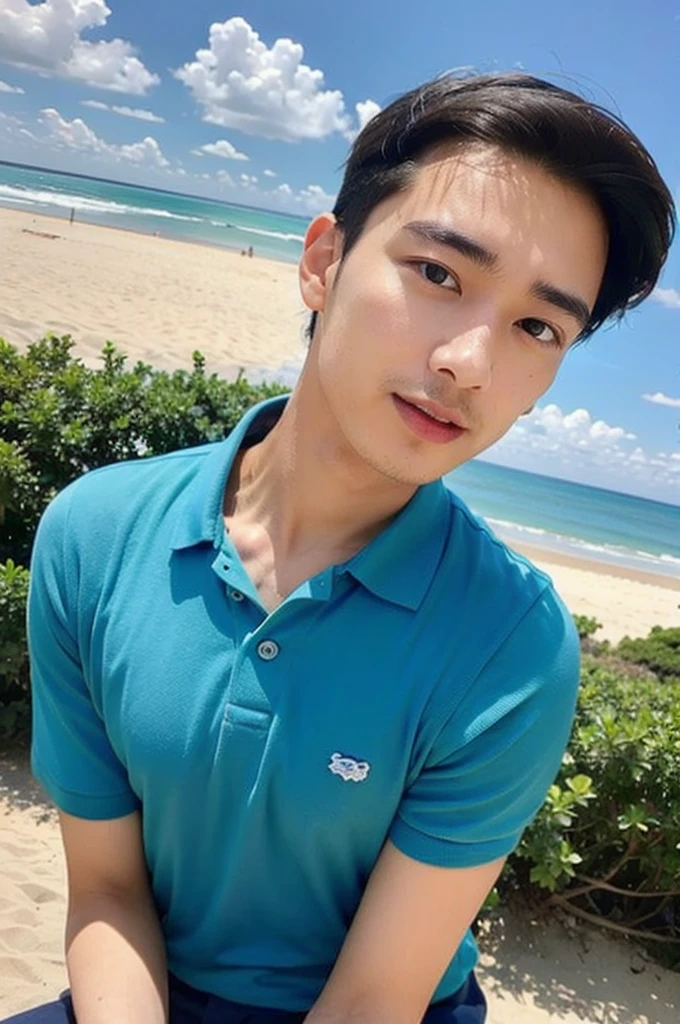 young asian man looking at camera in a blue polo shirt , seaside beach sunshine looking at the sea