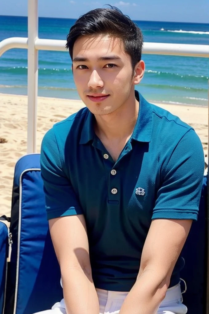 young asian man looking at camera in a blue polo shirt , seaside beach sunshine looking at the sea