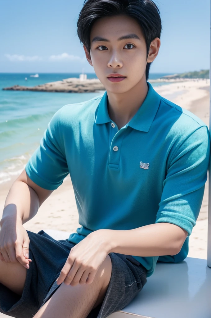 young asian man looking at camera in a blue polo shirt , seaside beach sunshine looking at the sea