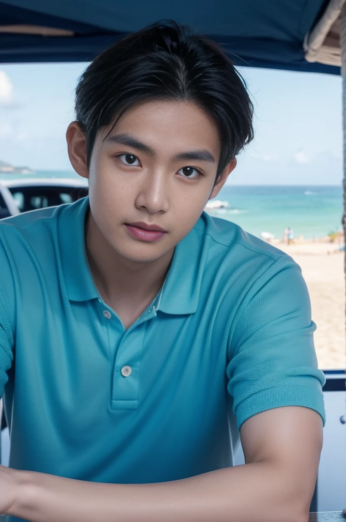 young asian man looking at camera in a blue polo shirt , seaside beach sunshine looking at the sea