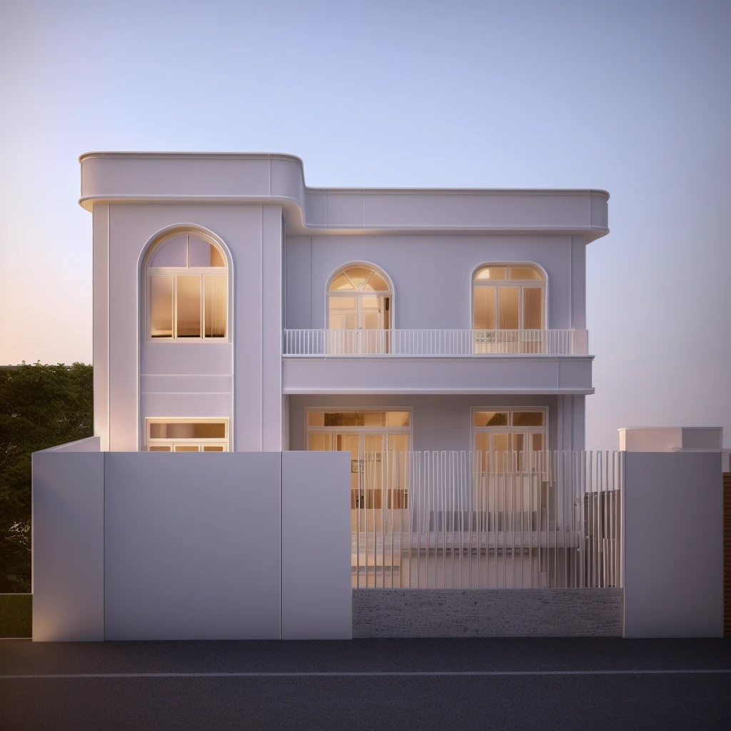 a rendering of a two story house with a gate and a fence, complete house, frontview, white, architectural concept, 3d rendering, 3 d rendering, exterior design, highly detailed architecture, front perspective, house on background, residential design, with 3 d render, with 3d render, architectural design, front elevation view, realistic building, front-view, Tree background