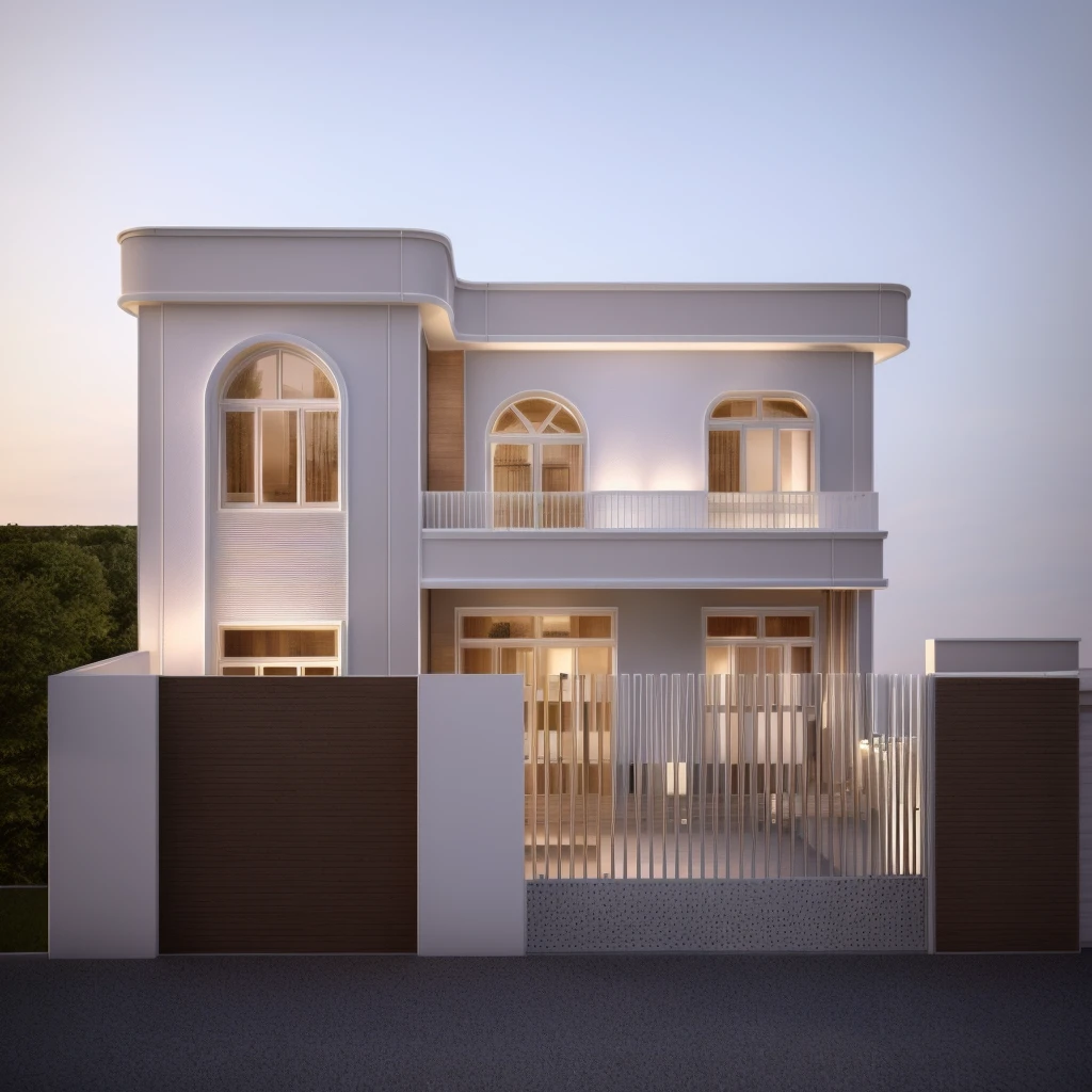 a rendering of a two story house with a gate and a fence, complete house, frontview, white, architectural concept, 3d rendering, 3 d rendering, exterior design, highly detailed architecture, front perspective, house on background, residential design, with 3 d render, with 3d render, architectural design, front elevation view, realistic building, front-view, Tree background