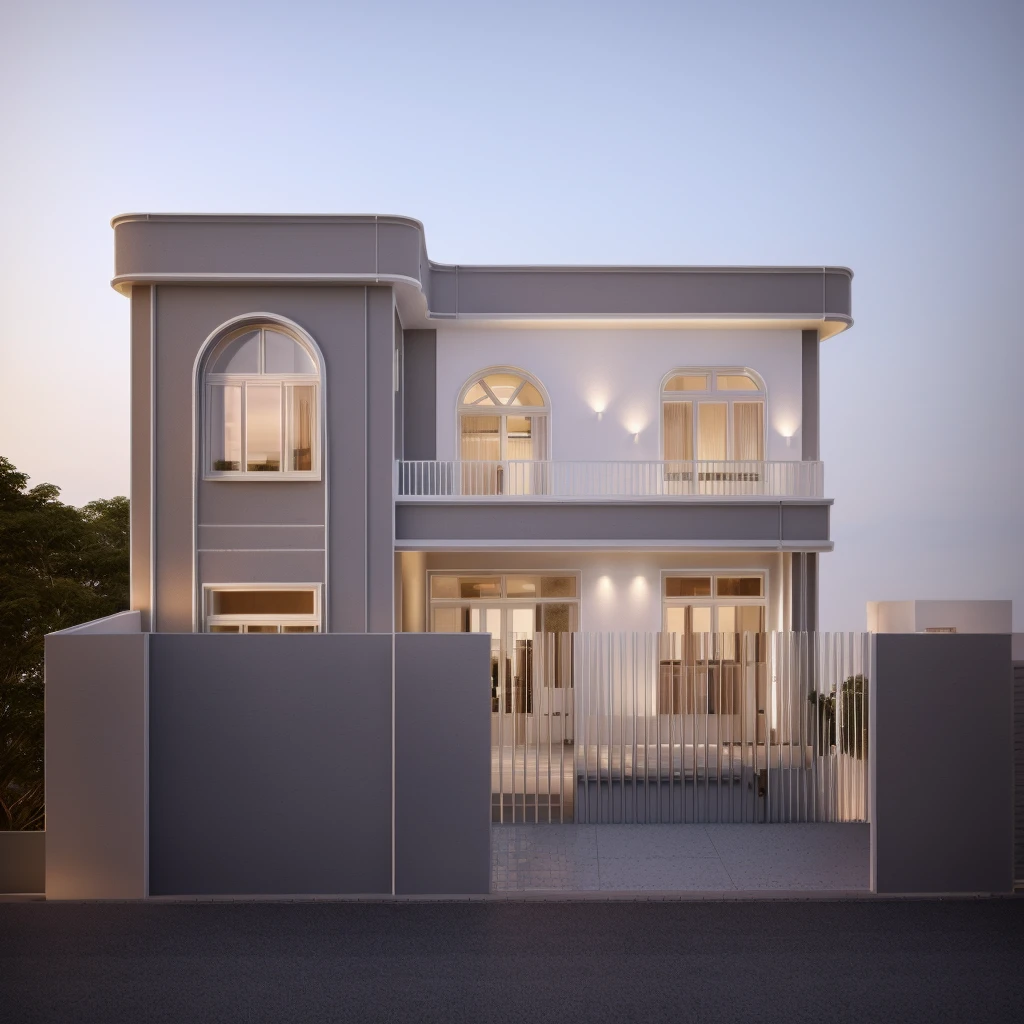 a rendering of a two story house with a gate and a fence, complete house, frontview, white, architectural concept, 3d rendering, 3 d rendering, exterior design, highly detailed architecture, front perspective, house on background, residential design, with 3 d render, with 3d render, architectural design, front elevation view, realistic building, front-view, Tree background