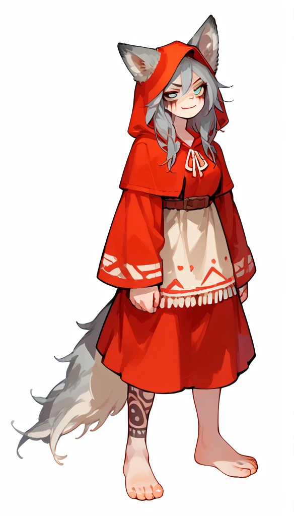 score_9, score_8_up, (clear simple background, white background, papyrus background), ((adult))
(girl:1.2), _young, lagre_breasts , smug face, Serious face expression, whore_makeup,  tribal makeup, solo, (Red Riding Hood, female), (wearing wolf hide, grey colored wolf skin, wolf head cap:1.2), (fullbody, tattoos, curvey bode, cute face, focus), beautiful, 