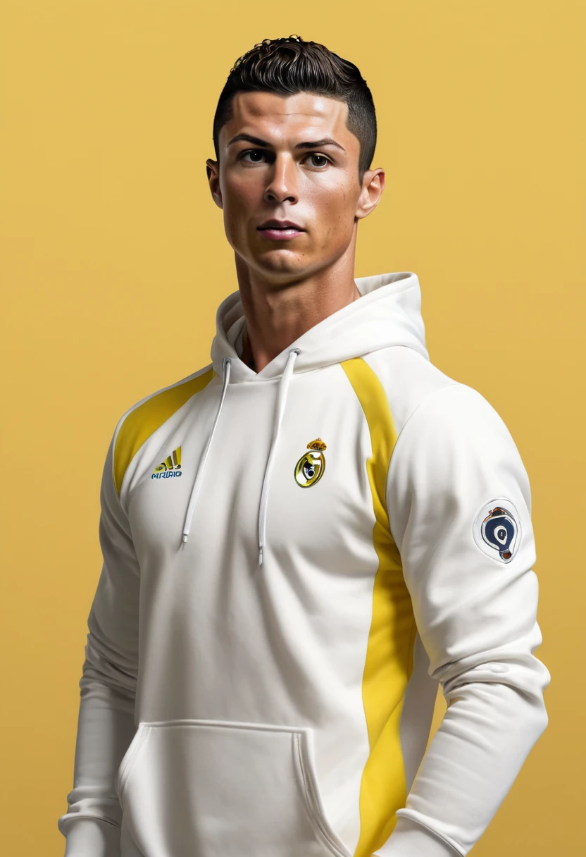 Cristiano Ronaldo, in white hoodie. Yellow background. inspired by Eva Gonzalez, best quality, masterpiece, Ultra high detail, 8k
