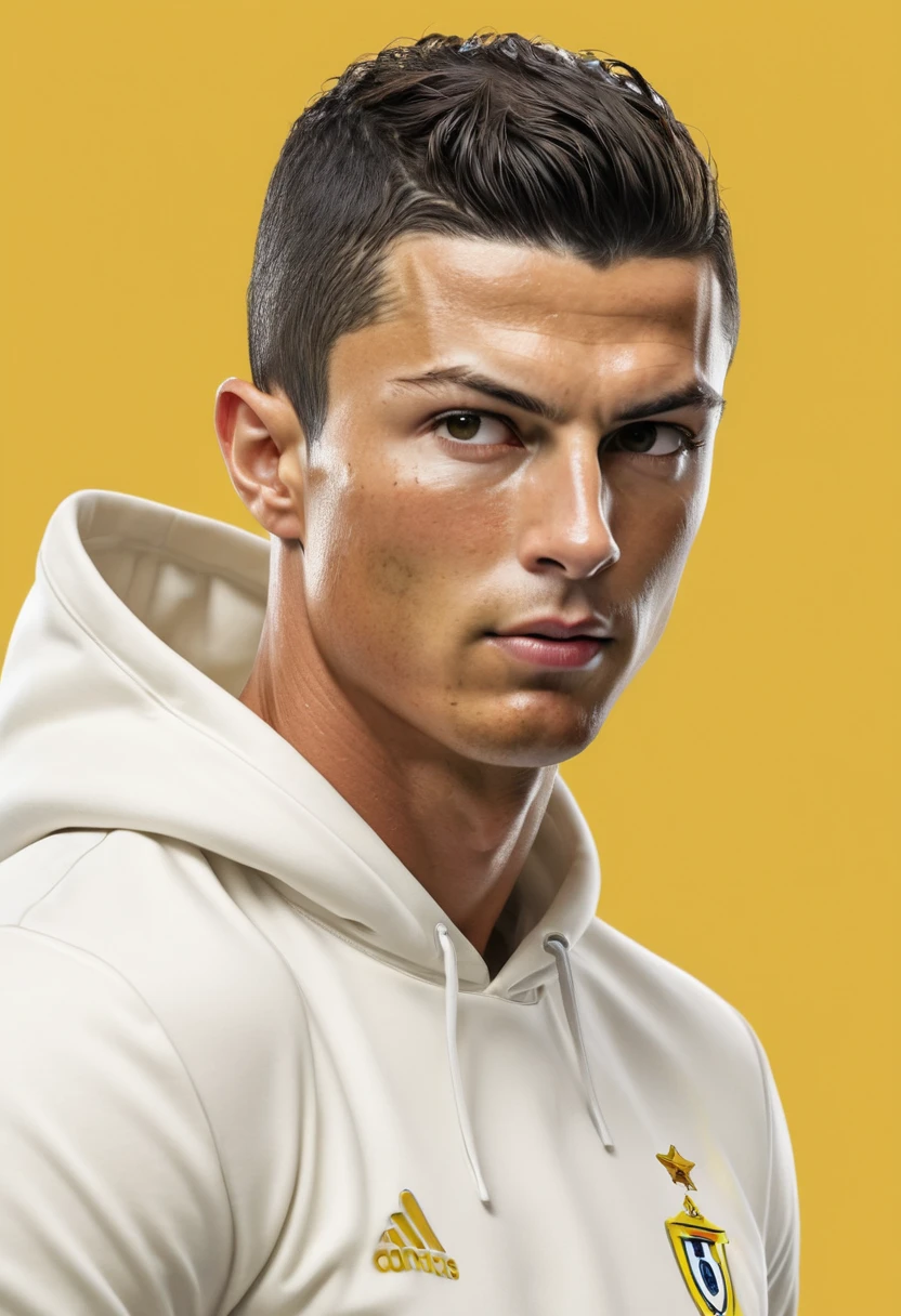 Cristiano Ronaldo, in white hoodie. Yellow background. inspired by Eva Gonzalez, best quality, masterpiece, Ultra high detail, 8k