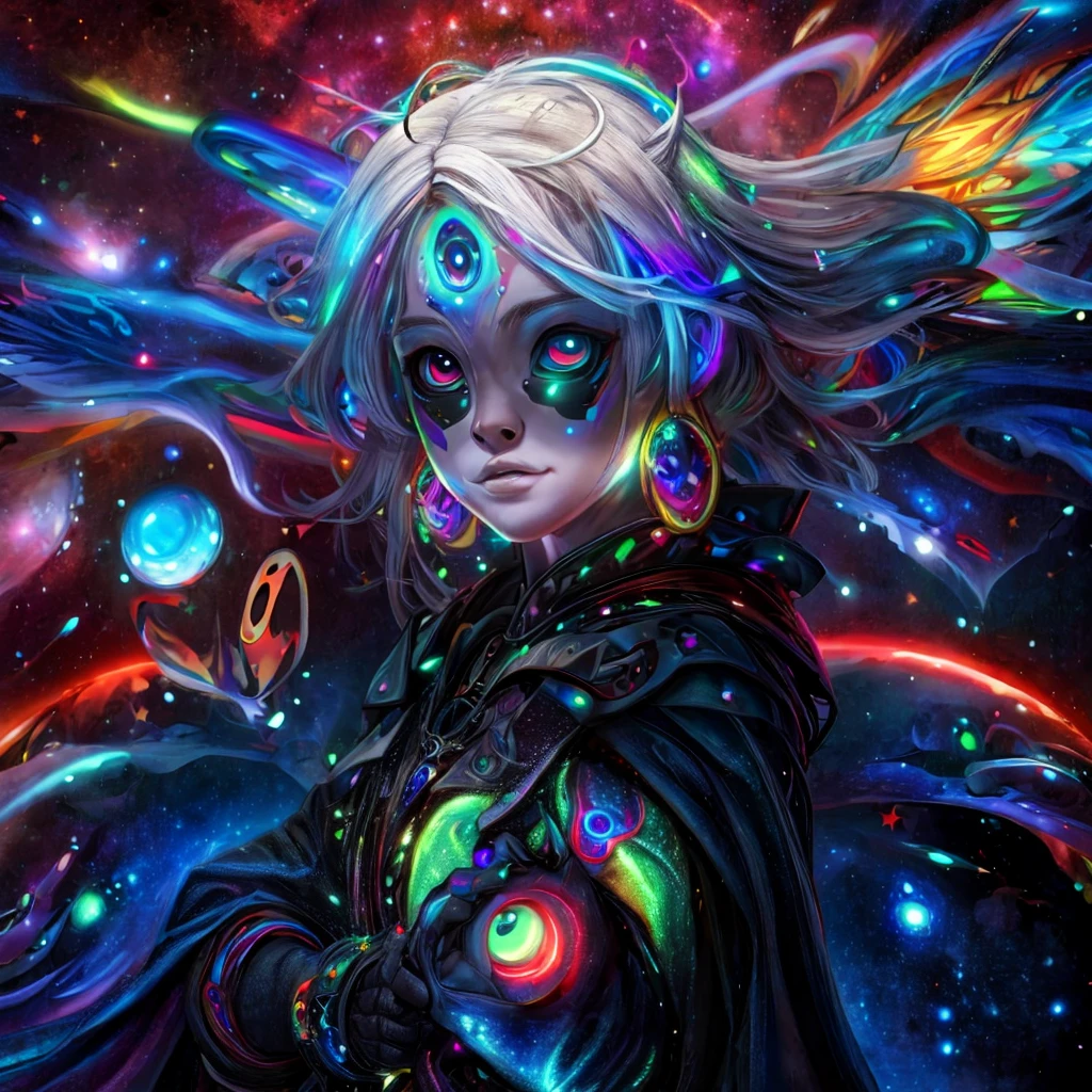 (A alien  dressed as a star, starburst illustration to a fantasy world, 5  , white hair, black multicolored hair, Celestial mystical Gaze, Profound Depth in pitch-black Eyes, Child's Face Dominating Frame, haunting pale white Complexion, Perfect Exposure, best quality, 4k, 8k, highres, masterpiece, ultra-detailed, zoga, green skin, robotic glows eyeball, black cape, black opal alien, psychedelic, cute illuminated, starry surreal, big-eyed, galactic, 3-dimensional animated, rendered)