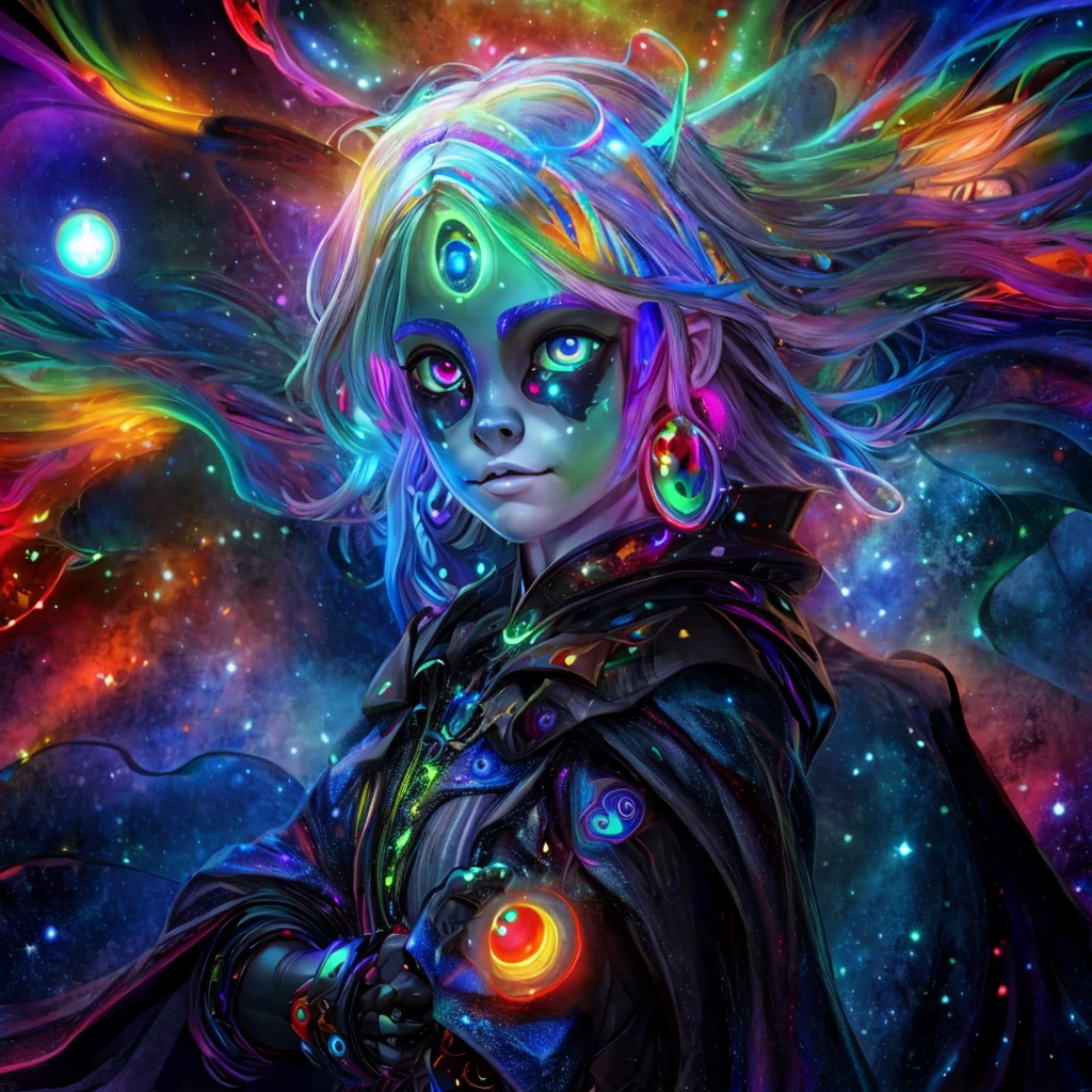 (A alien  dressed as a star, starburst illustration to a fantasy world, 5  , white hair, black multicolored hair, Celestial mystical Gaze, Profound Depth in pitch-black Eyes, Child's Face Dominating Frame, haunting pale white Complexion, Perfect Exposure, best quality, 4k, 8k, highres, masterpiece, ultra-detailed, zoga, green skin, robotic glows eyeball, black cape, black opal alien, psychedelic, cute illuminated, starry surreal, big-eyed, galactic, 3-dimensional animated, rendered)