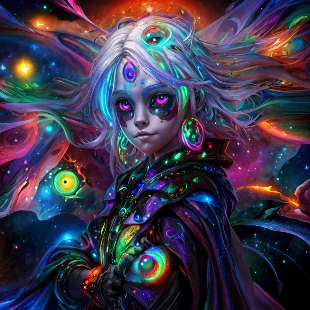 (A alien  dressed as a star, starburst illustration to a fantasy world, 5  , white hair, black multicolored hair, Celestial mystical Gaze, Profound Depth in pitch-black Eyes, Child's Face Dominating Frame, haunting pale white Complexion, Perfect Exposure, best quality, 4k, 8k, highres, masterpiece, ultra-detailed, zoga, green skin, robotic glows eyeball, black cape, black opal alien, psychedelic, cute illuminated, starry surreal, big-eyed, galactic, 3-dimensional animated, rendered)