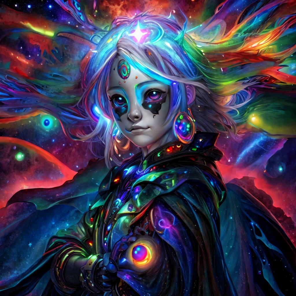 (A alien  dressed as a star, starburst illustration to a fantasy world, 5  , white hair, black multicolored hair, Celestial mystical Gaze, Profound Depth in pitch-black Eyes, Child's Face Dominating Frame, haunting pale white Complexion, Perfect Exposure, best quality, 4k, 8k, highres, masterpiece, ultra-detailed, zoga, green skin, robotic glows eyeball, black cape, black opal alien, psychedelic, cute illuminated, starry surreal, big-eyed, galactic, 3-dimensional animated, rendered)