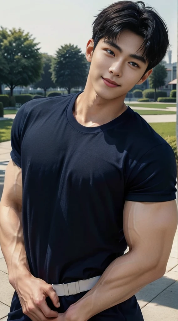 (As a matter of fact, Masterpiece, 8k HD, good light quality, sportswear, fit the face, complicated details), A handsome and muscular young Korean man., He has short, muscular hair in a buzzcut style.  ,(Broad shoulders:1.3), 20 years old, be happy, smile brightly, detailed face, delicate eyes, มองดูsky, (Wear a navy tight T-shirt.:1.6), period, black eyes, Black hair color, ผมsmooth, smooth, outdoor sports, Along the garden, Sunny,sky，Surreal，Awesome details，Highest quality，real，(As a matter of fact, Masterpiece, 8k HD, good light quality, sportswear, fit the face, complicated details), A handsome and muscular young Korean man. มีกล้าม ,(Broad shoulders:1.3), 20 years old, be happy, smile brightly, detailed face, delicate eyes, มองดูsky, (Wear a navy tight T-shirt.:1.6), period, black eyes, Black hair color, ผมsmooth, smooth, outdoor sports, Along the garden, Sunny,sky，Surreal，Awesome details，Highest quality，real