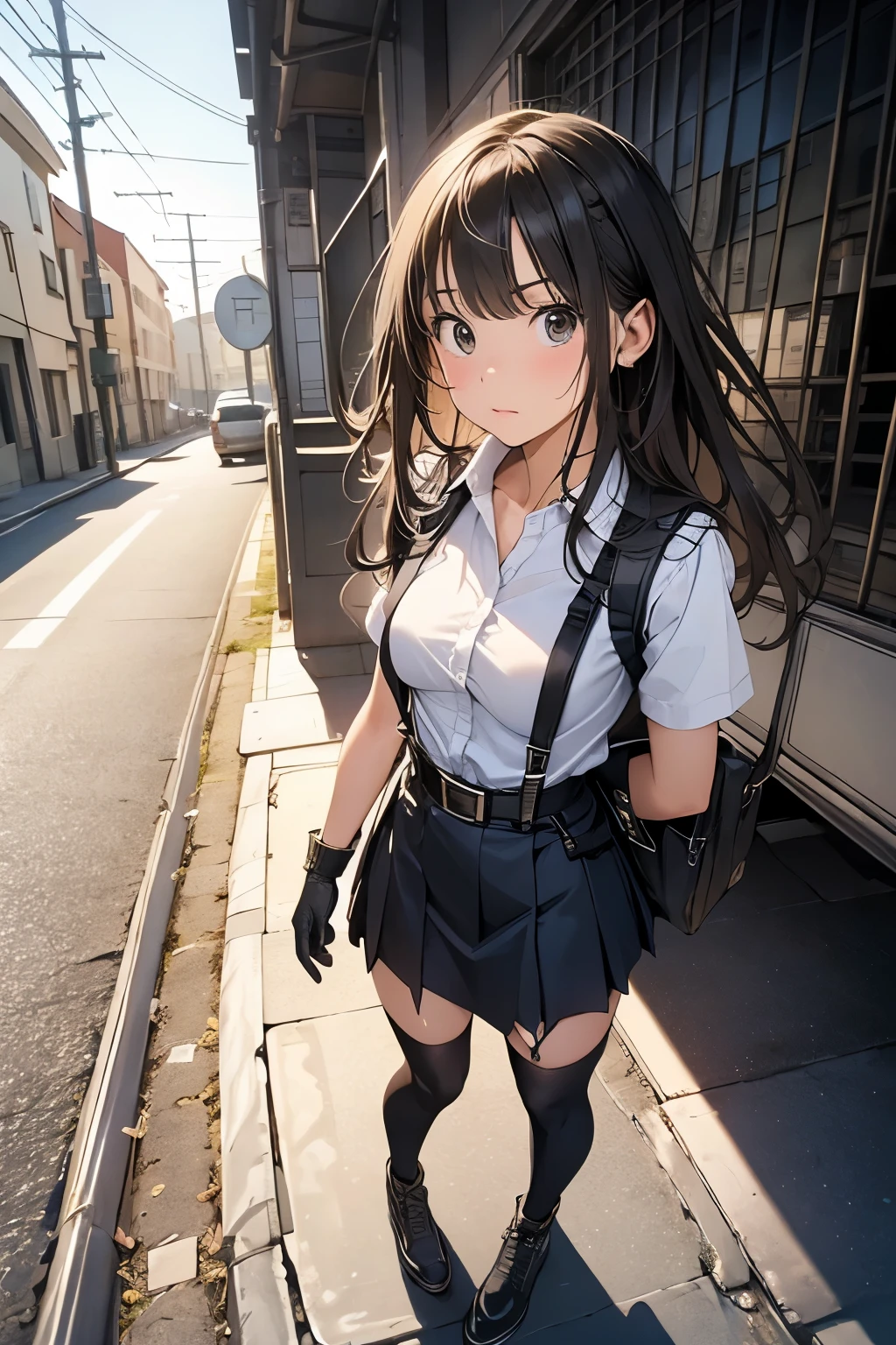 high quality, masterpiece, Ultra-high resolution, (realism: 1.4), Oil painting style, Cinema Lighting, , I stood on the empty asphalt road and looked at it., And the suspenders with the cranes flying　　Large Breasts　 　 　　　　Small face　 　　　holster　　　　　　　 Lying in bed　Looking up　　　　Sweat 　　　belt　summer　脇Sweat 　Black Hole Gloves　suit　　　　 mini skirt　garterbelt　Leg Links　ズボンにbelt　　holster　 　　Hands behind your back　 Anxious expression　Looking up　Anxious face　Knee-high　Knee socks　Knee-highソックス garterbelt　garter