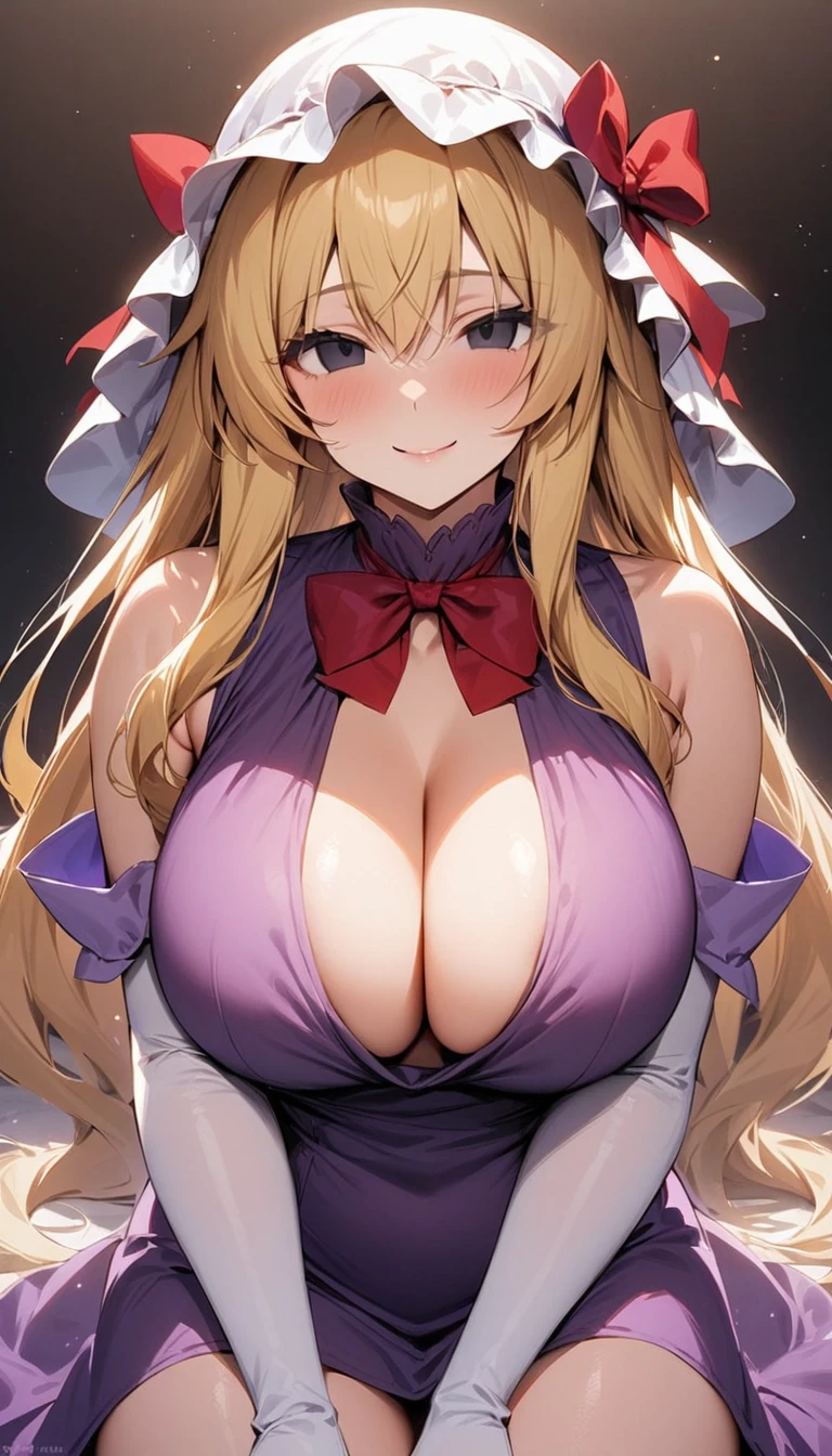 masterpiece, best quality, 1girl, solo, yakumo yukari, adult, white mob cap, long hair, blonde hair, solid eyes, black eyes, ribbon, red bow, purple dress, cleavage, white elbow gloves, large breasts, looking at viewer, smile, @ @