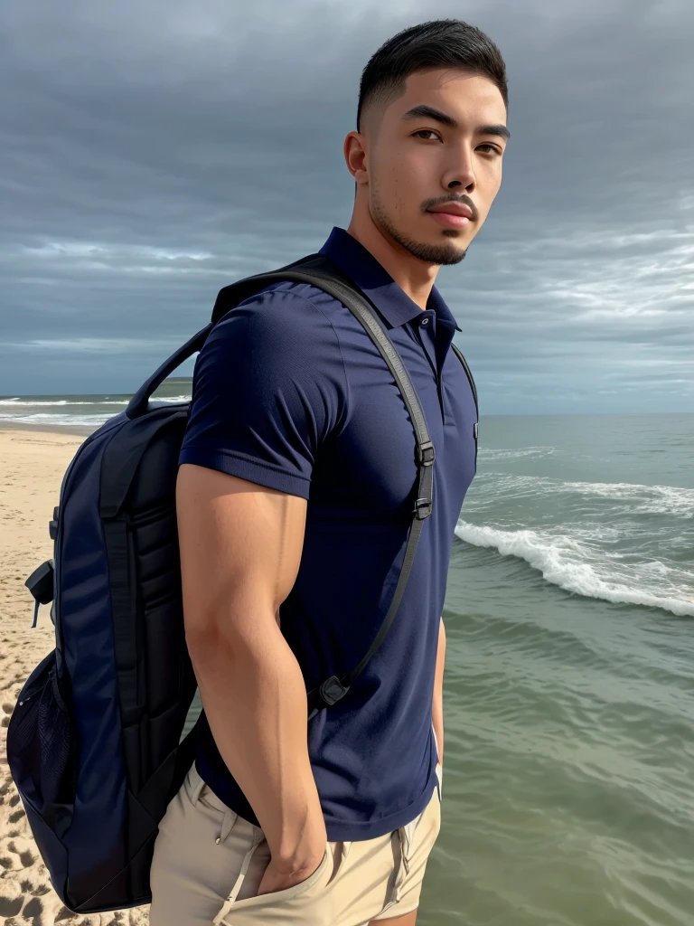 Tony Labrusca, Young man in a navy blue polo shirt Standing by the sea with an expression, looking into the distance Turn your head slightly.,Cloudy day, (Backpack:1.3)
