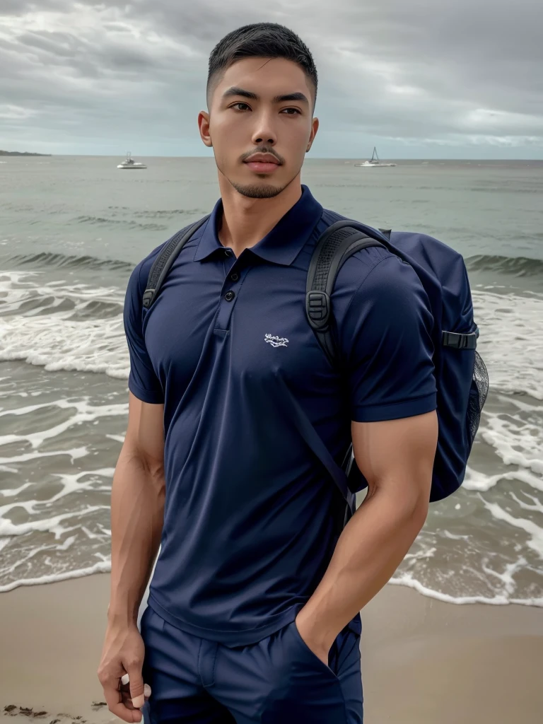 Tony Labrusca, Young man in a navy blue polo shirt Standing by the sea with an expression, looking into the distance Turn your head slightly.,Cloudy day, (Backpack:1.3)